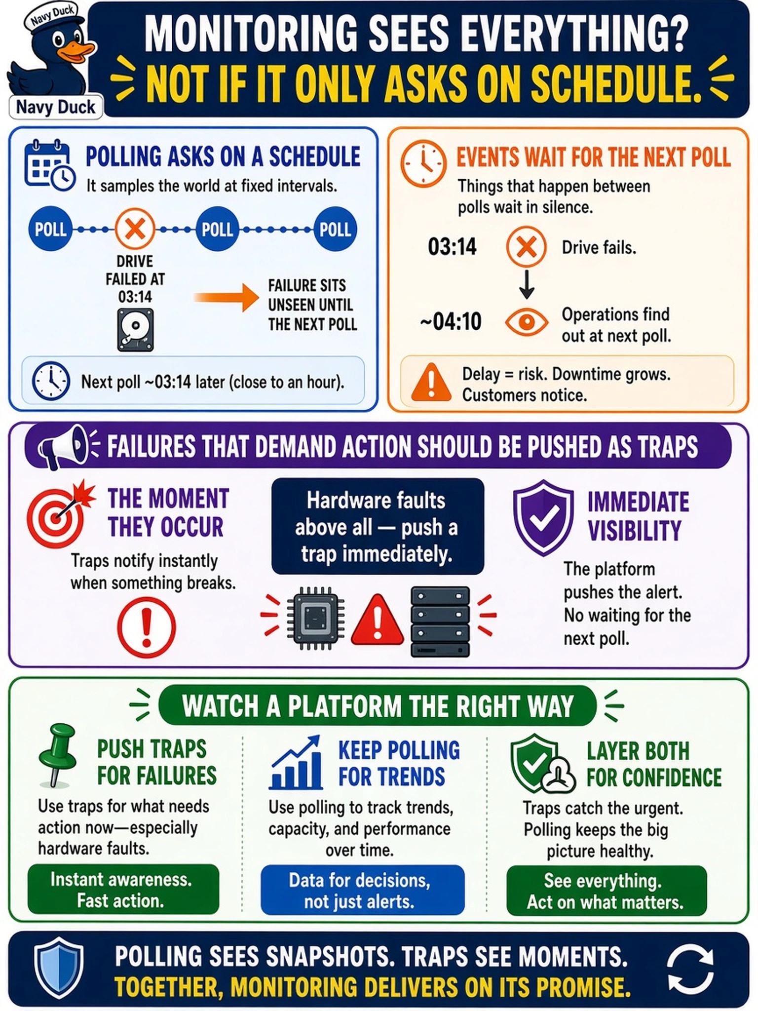 To Create an exciting colorful infographic that explains the concepts in the question: Question: A drive failed at 03:14 and the operations team found out at the next polling cycle, close to an hour later. The customer's standard claims 'monitoring sees everything'. Why the delay, and how should a platform like this be watched? Correct Answer: Polling asks on a schedule, so events between samples wait for the next poll; failures that demand action - hardware faults above all - should additionally be pushed as traps the moment they occur, with polling kept for trends and capacity. Put EVERY visible label in double quotes. No people. No A/B/C/D letters. In one of the four corners put a little "Navy Duck".