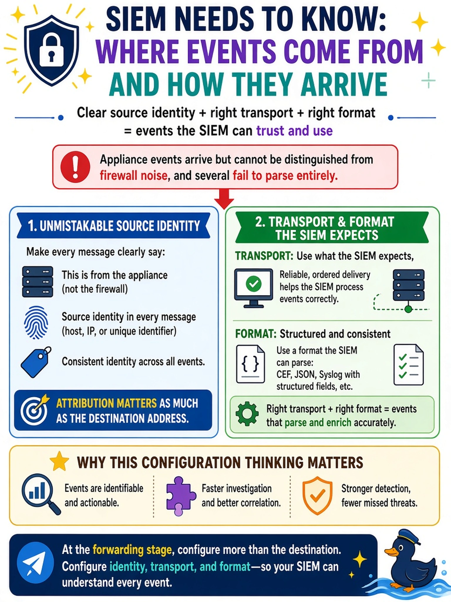 To Create an exciting colorful infographic that explains the concepts in the question: Question: The security operations center gladly ingested the appliance into its SIEM, then reported a problem: appliance events arrive but cannot be distinguished from firewall noise, and several fail to parse entirely. What configuration thinking was skipped at the forwarding stage? Correct Answer: Forwarding configured so each message carries an unmistakable source identity and the transport and format the SIEM expects - attribution matters as much as the destination address. Put EVERY visible label in double quotes. No people. No A/B/C/D letters. In one of the four corners put a little "Navy Duck".