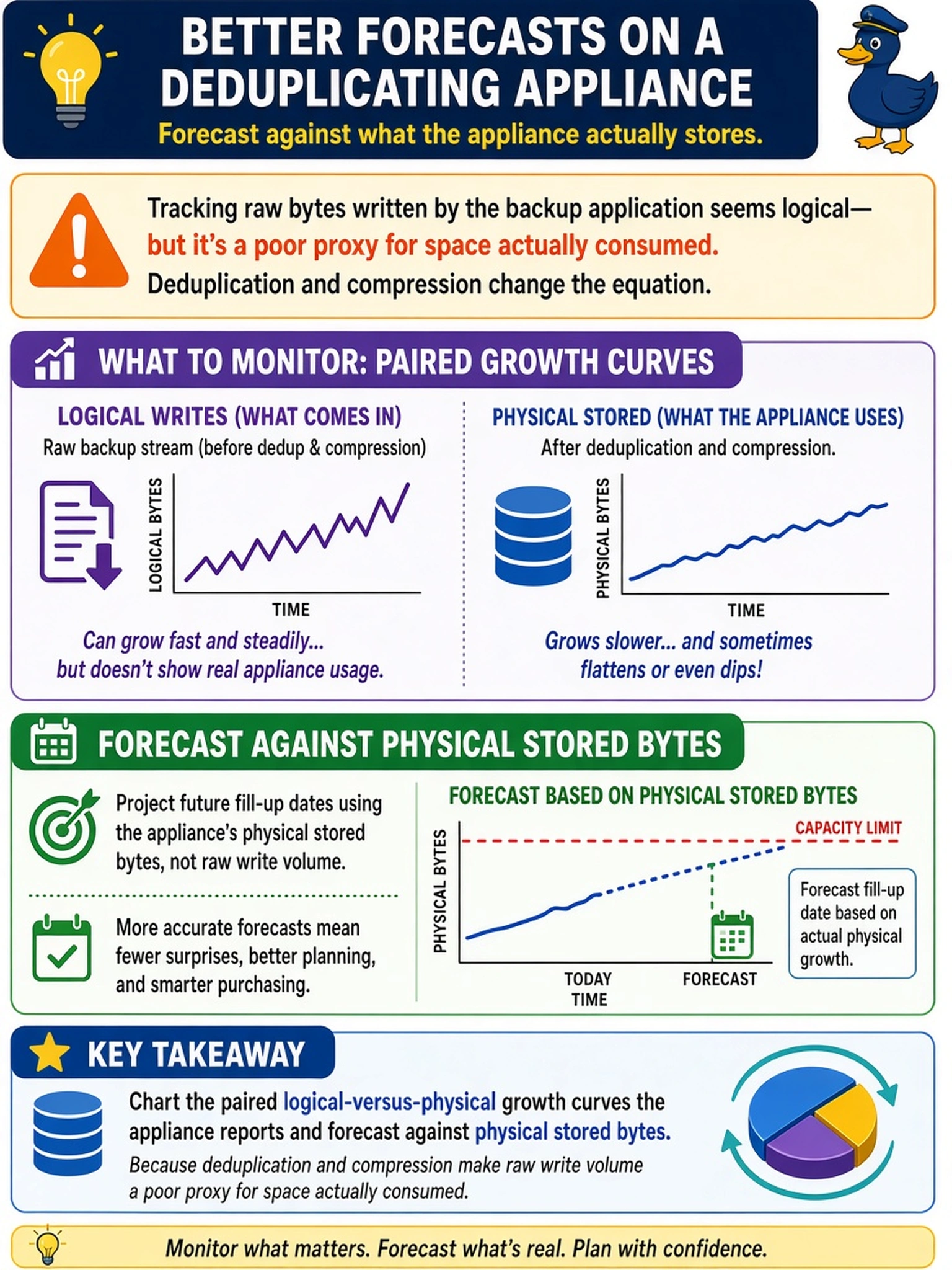 To Create an exciting colorful infographic that explains the concepts in the question: Question: A capacity planner forecasts the appliance's purchase dates by tracking how many bytes the backup application writes to the system each month, yet the appliance keeps filling faster or slower than those forecasts predicted. Which monitoring change produces usable forecasts on a deduplicating appliance? Correct Answer: Chart the paired logical-versus-physical growth curves the appliance reports and forecast against physical stored bytes, since deduplication and compression make raw write volume a poor proxy for space actually consumed. Put EVERY visible label in double quotes. No people. No A/B/C/D letters. In one of the four corners put a little "Navy Duck".