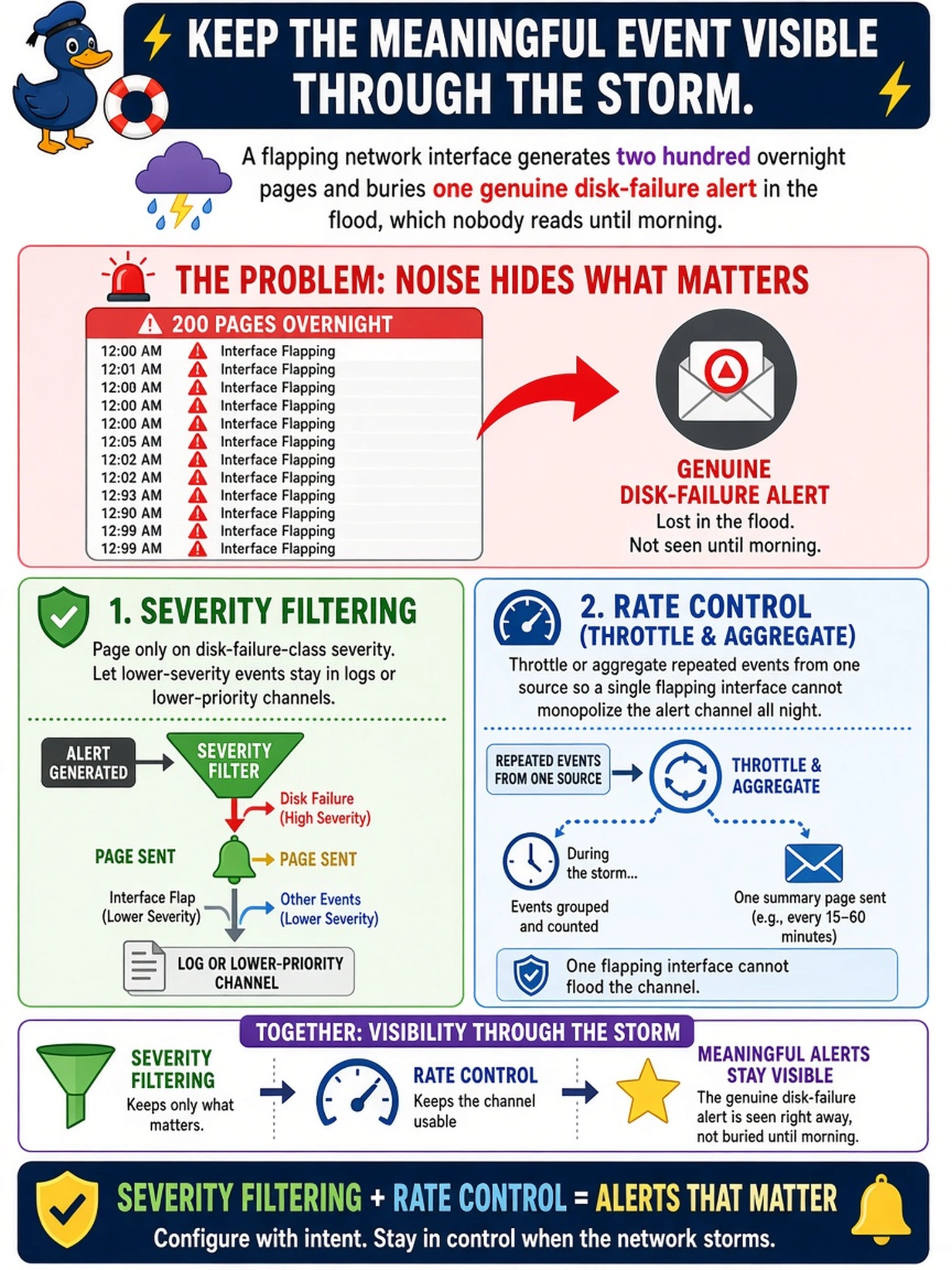 To Create an exciting colorful infographic that explains the concepts in the question: Question: A flapping network interface generates two hundred overnight pages and buries one genuine disk-failure alert in the flood, which nobody reads until morning. What configuration thinking would have kept the meaningful event visible through the storm? Correct Answer: Severity filtering plus rate control on alert generation - page only on disk-failure-class severity and throttle or aggregate repeated events from one source so a single flapping interface cannot monopolize the alert channel all night. Put EVERY visible label in double quotes. No people. No A/B/C/D letters. In one of the four corners put a little "Navy Duck".