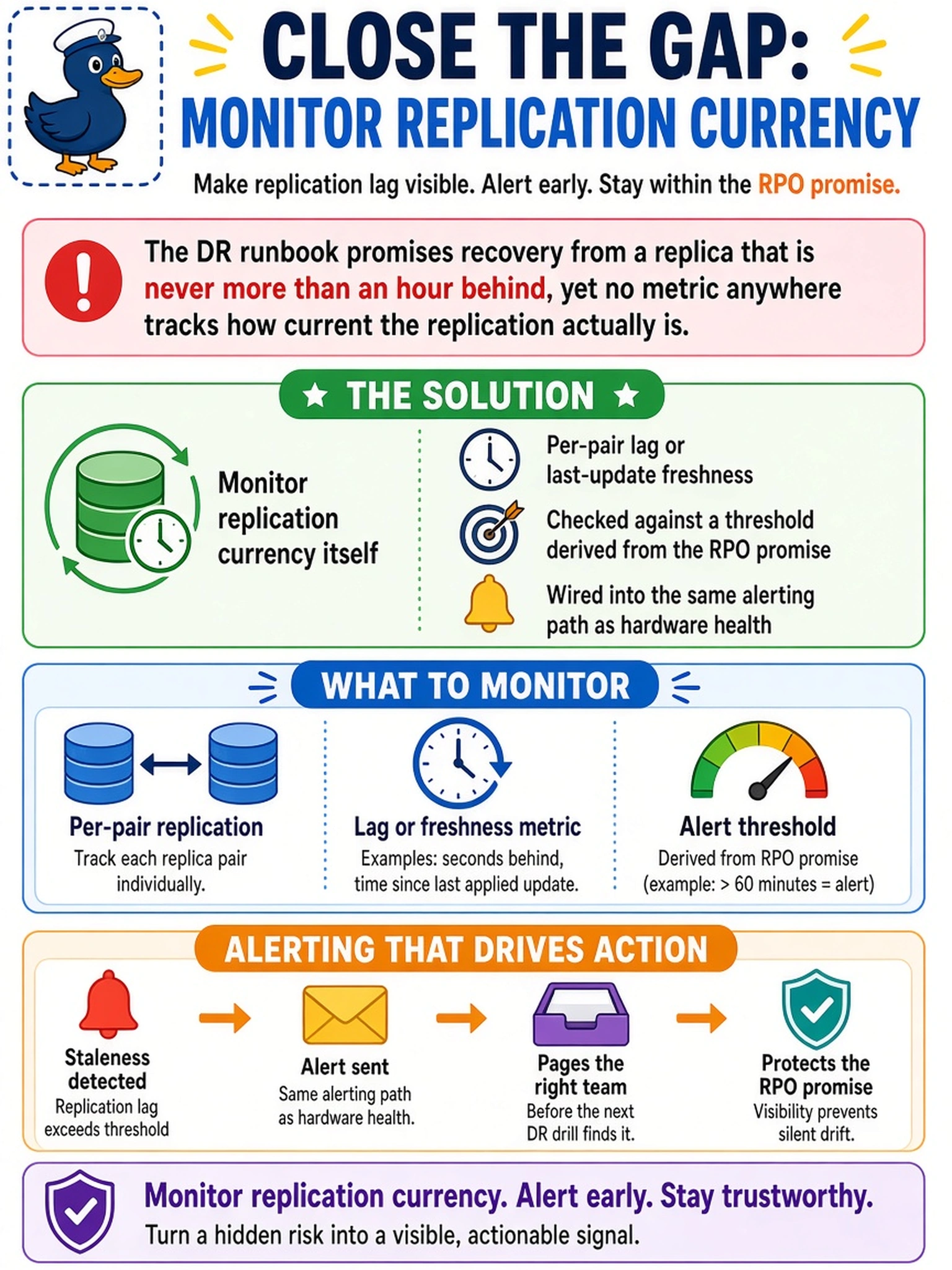 To Create an exciting colorful infographic that explains the concepts in the question: Question: The DR runbook promises recovery from a replica that is never more than an hour behind, yet no metric anywhere tracks how current the replication actually is. What monitoring configuration closes that gap? Correct Answer: Monitor replication currency itself as an alerting metric - per-pair lag or last-update freshness checked against a threshold derived from the RPO promise, wired into the same alerting path as hardware health so staleness pages someone before the next drill finds it. Put EVERY visible label in double quotes. No people. No A/B/C/D letters. In one of the four corners put a little "Navy Duck".