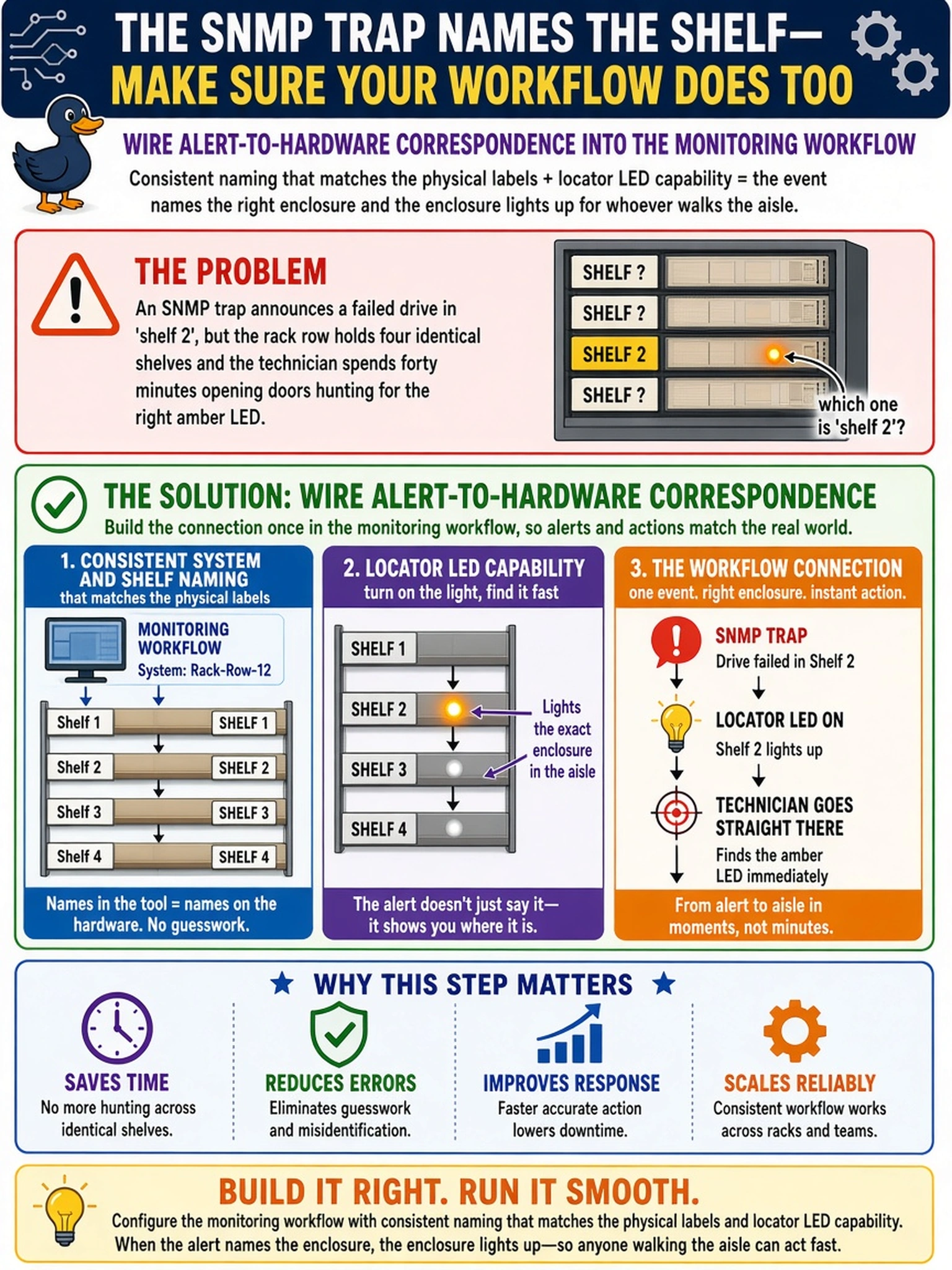To Create an exciting colorful infographic that explains the concepts in the question: Question: An SNMP trap announces a failed drive in 'shelf 2', but the rack row holds four identical shelves and the technician spends forty minutes opening doors hunting for the right amber LED. Which part of configuring the monitoring workflow was skipped? Correct Answer: Wiring alert-to-hardware correspondence into the workflow - consistent system and shelf naming that matches the physical labels plus the locator LED capability, so the event names the right enclosure and the enclosure lights up for whoever walks the aisle. Put EVERY visible label in double quotes. No people. No A/B/C/D letters. In one of the four corners put a little "Navy Duck".