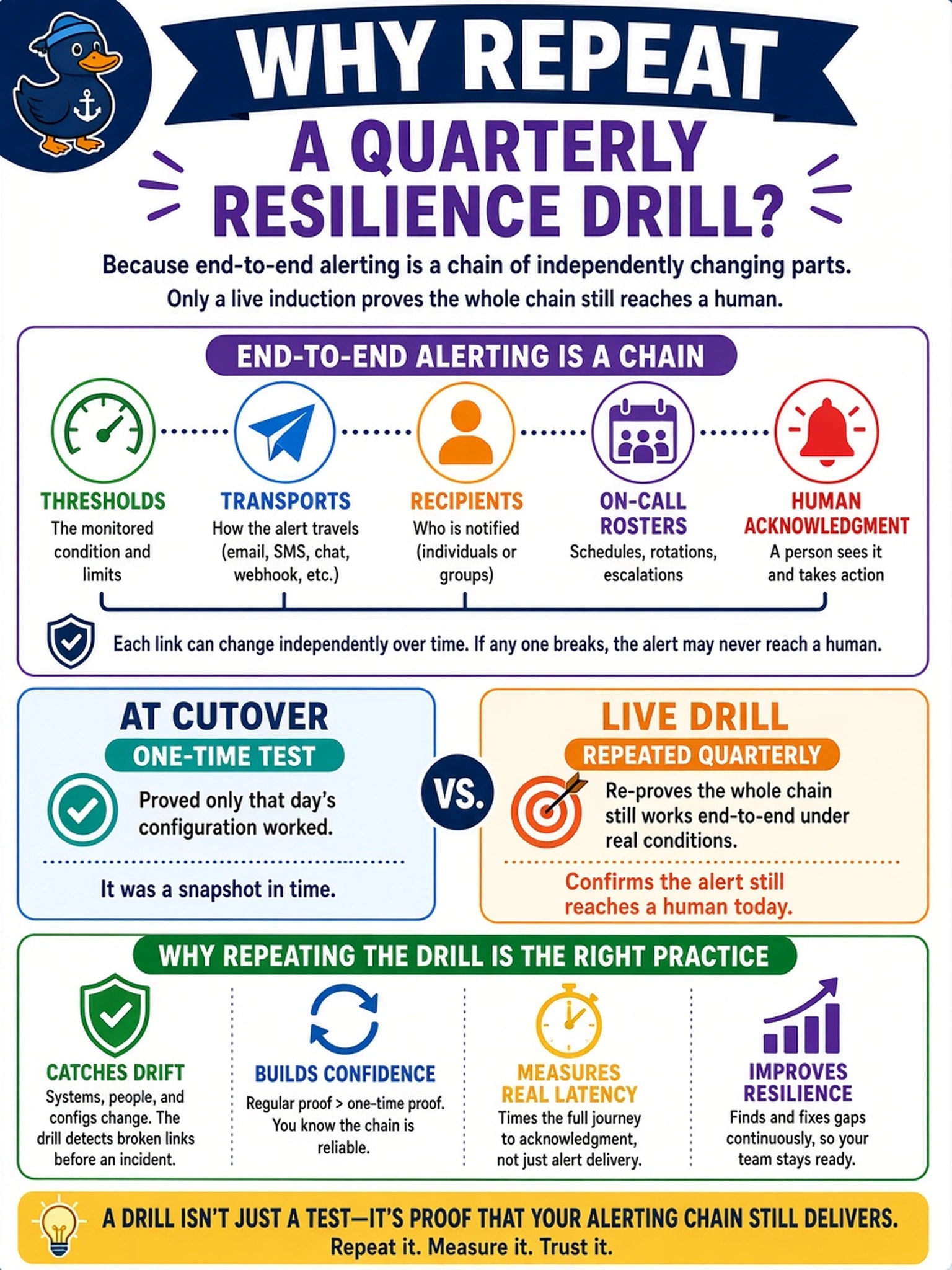 To Create an exciting colorful infographic that explains the concepts in the question: Question: A quarterly resilience drill deliberately induces a monitored condition and times how long it takes until a human acknowledges it. Why is repeating this drill the right practice when the alerting was already proven working once at cutover? Correct Answer: End-to-end alerting is a chain of independently changing parts - thresholds, transports, recipients, on-call rosters - so only a live induction proves the whole chain still reaches a human; the cutover test proved only that day's configuration. Put EVERY visible label in double quotes. No people. No A/B/C/D letters. In one of the four corners put a little "Navy Duck".