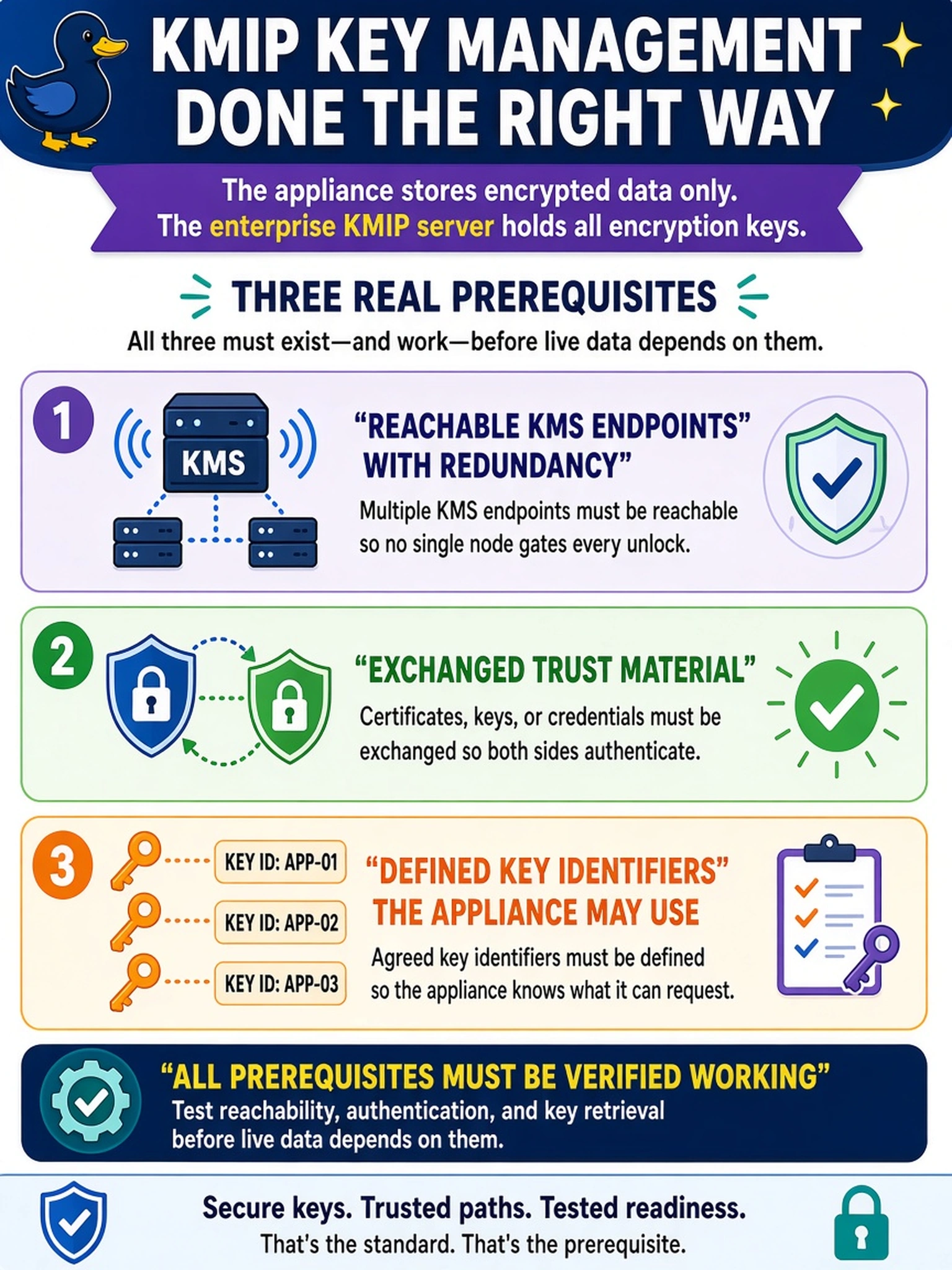 To Create an exciting colorful infographic that explains the concepts in the question: Question: A customer's key-management standard requires that an enterprise KMIP server hold all encryption keys while the appliance keeps only encrypted data. Before the appliance can actually run under that standard, what must exist? Correct Answer: Real prerequisites: reachable KMS endpoints with redundancy so no single node gates every unlock, exchanged trust material so both sides authenticate, and defined key identifiers the appliance may use - all verified working before live data depends on them. Put EVERY visible label in double quotes. No people. No A/B/C/D letters. In one of the four corners put a little "Navy Duck".