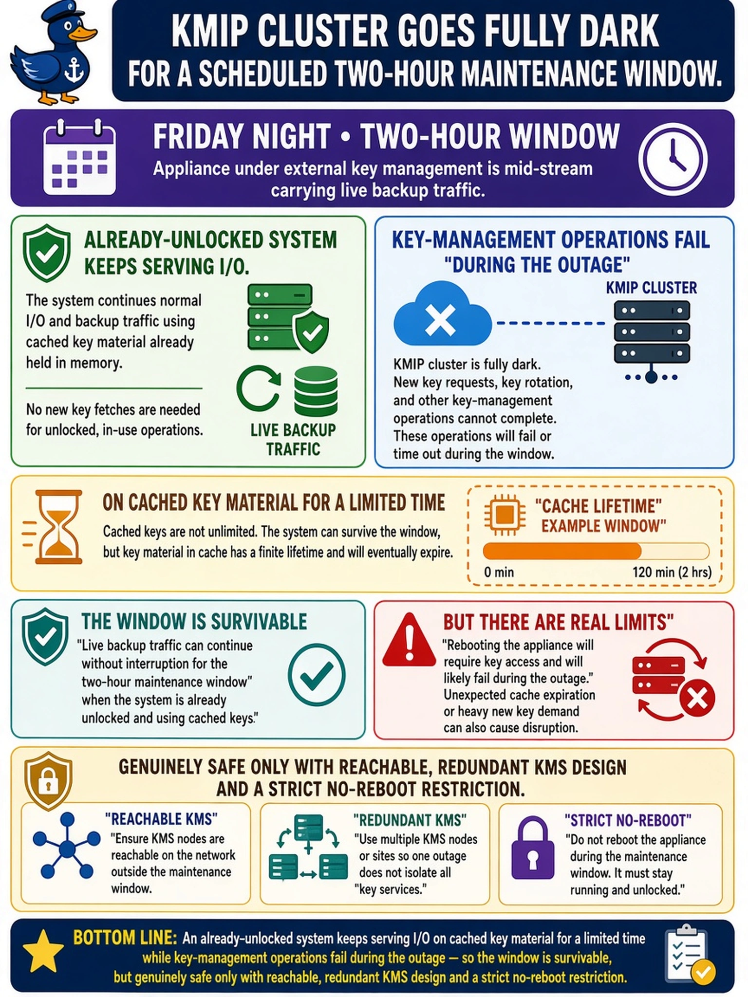 To Create an exciting colorful infographic that explains the concepts in the question: Question: The KMIP cluster goes fully dark for a scheduled two-hour maintenance window on Friday night, while an appliance under external key management is mid-stream carrying live backup traffic. What is the realistic expectation for those two hours? Correct Answer: An already-unlocked system keeps serving I/O on cached key material for a limited time while key-management operations fail during the outage - so the window is survivable, but genuinely safe only with reachable, redundant KMS design and a strict no-reboot restriction. Put EVERY visible label in double quotes. No people. No A/B/C/D letters. In one of the four corners put a little "Navy Duck".