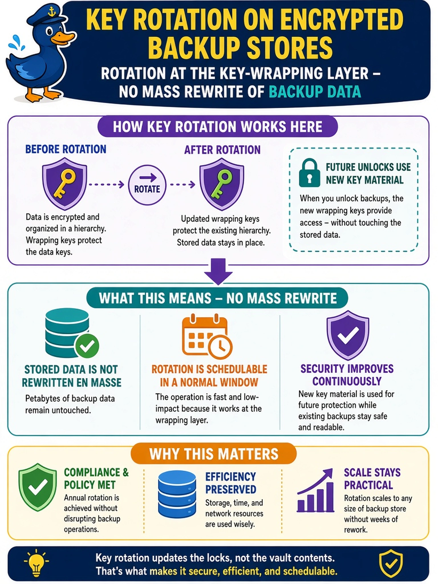 To Create an exciting colorful infographic that explains the concepts in the question: Question: An annual key rotation policy now applies to the encrypted backup stores, and the DBA objects that rotation means weeks of rewriting petabytes of backup data. What is the accurate answer about key rotation on these systems? Correct Answer: Rotation operates at the key-wrapping layer - updated wrapping keys protect the existing hierarchy, so future unlocks use new key material while stored data is not rewritten en masse, which is what makes rotation schedulable in a normal window. Put EVERY visible label in double quotes. No people. No A/B/C/D letters. In one of the four corners put a little "Navy Duck".