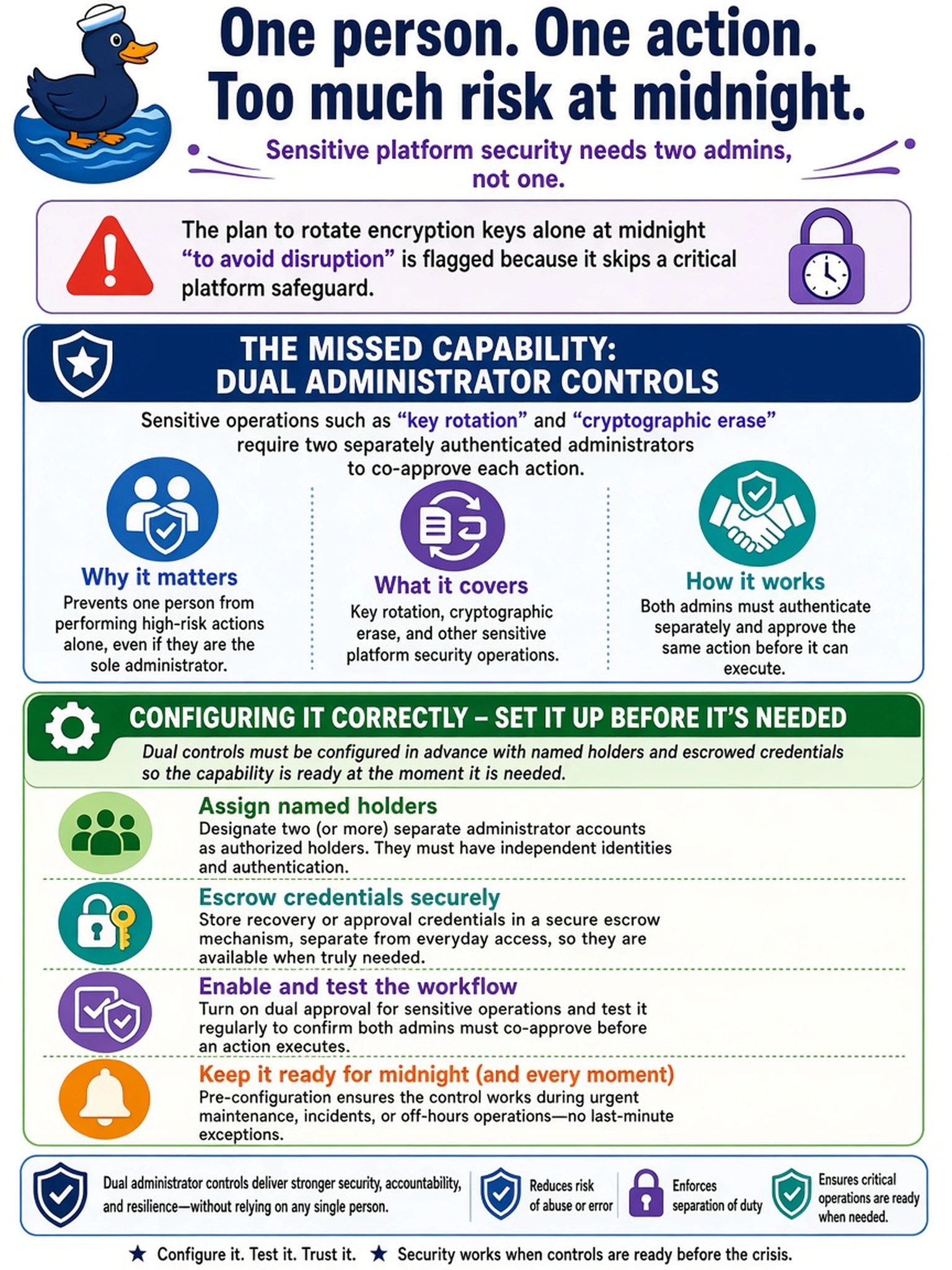 To Create an exciting colorful infographic that explains the concepts in the question: Question: The sole administrator plans to rotate the encryption keys alone at midnight 'to avoid disruption'. An auditor flags the plan. Which platform security capability is being missed, and what does configuring it correctly involve? Correct Answer: Dual administrator controls - sensitive operations such as key rotation and cryptographic erase require two separately authenticated administrators to co-approve each action, and the capability must be configured in advance with named holders and escrowed credentials so that it actually functions at the moment it is needed. Put EVERY visible label in double quotes. No people. No A/B/C/D letters. In one of the four corners put a little "Navy Duck".
