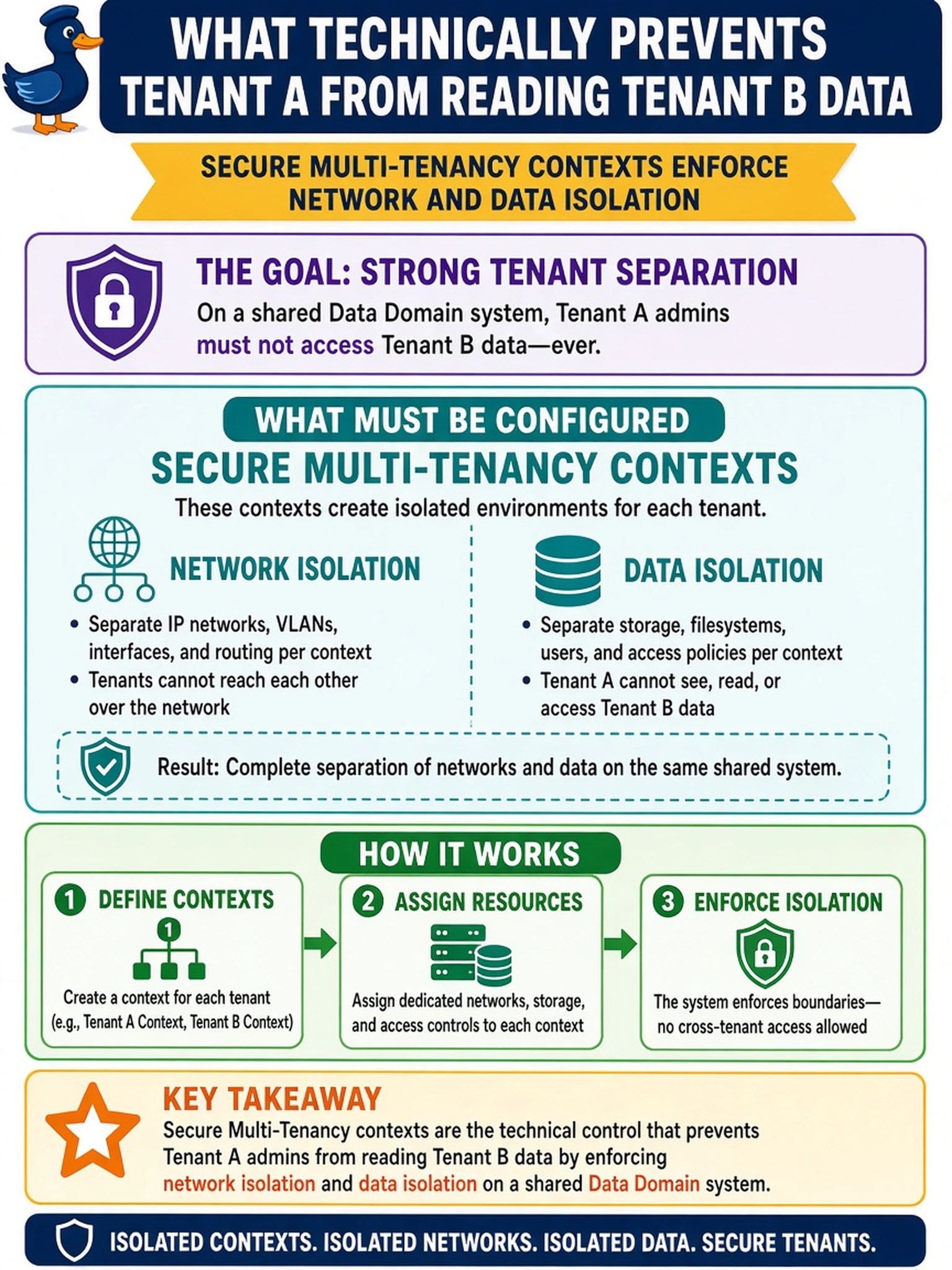 To Create an exciting colorful infographic that explains the concepts in the question: Question: During a post-deployment review, an auditor asks what technically prevents a tenant A administrator from reading tenant B data on a shared Data Domain system. What must be configured to enforce that separation? Correct Answer: Secure Multi-Tenancy contexts enforce network and data isolation. Put EVERY visible label in double quotes. No people. No A/B/C/D letters. In one of the four corners put a little "Navy Duck".