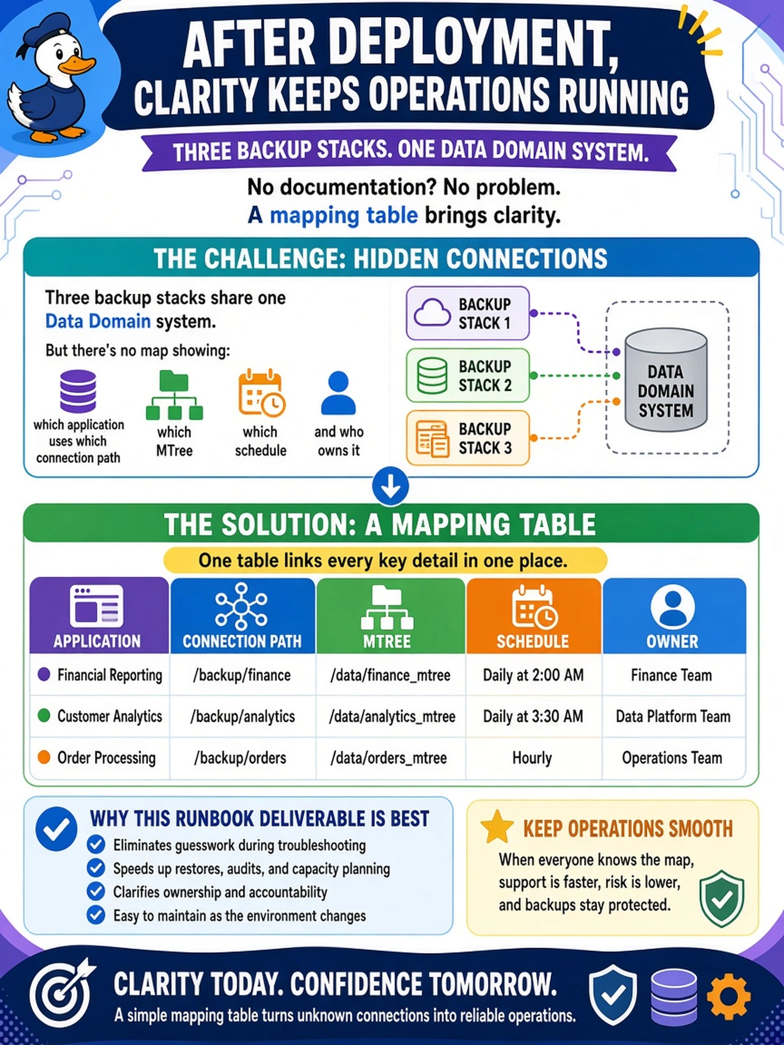 To Create an exciting colorful infographic that explains the concepts in the question: Question: After deployment, a new engineer must support three backup stacks sharing one Data Domain system. There is no existing documentation showing which application uses which connection path, MTree, schedule, or owner. Which runbook deliverable best supports ongoing operations? Correct Answer: A mapping table linking application, connection, MTree, schedule, and owner Put EVERY visible label in double quotes. No people. No A/B/C/D letters. In one of the four corners put a little "Navy Duck".