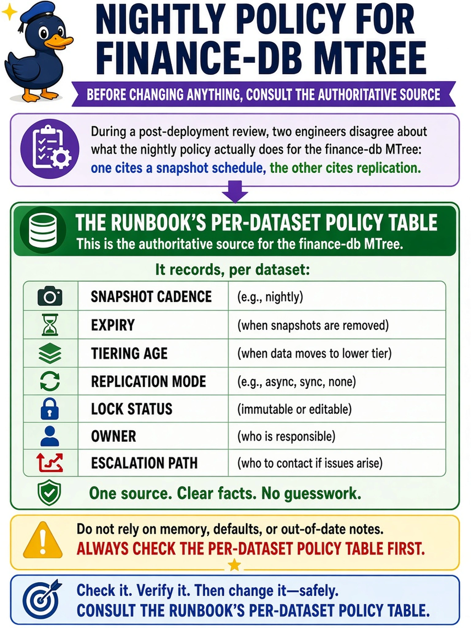 To Create an exciting colorful infographic that explains the concepts in the question: Question: During a post-deployment review, two engineers disagree about what the nightly policy actually does for the finance-db MTree: one cites a snapshot schedule, the other cites replication. Before changing anything, which authoritative source should you consult? Correct Answer: The runbook’s per-dataset policy table, which records snapshot cadence, expiry, tiering age, replication mode, lock status, owner, and escalation path. Put EVERY visible label in double quotes. No people. No A/B/C/D letters. In one of the four corners put a little "Navy Duck".