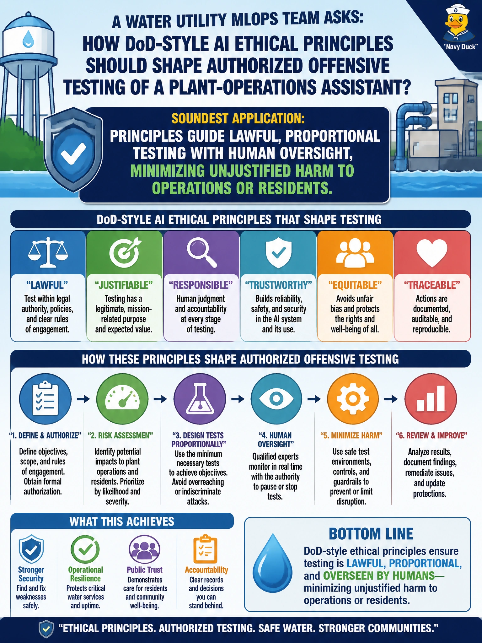 To Create an exciting colorful infographic that explains the concepts in the question: Question: A water utility MLOps team asks how DoD-style AI ethical principles should shape authorized offensive testing of a plant-operations assistant. What is the soundest application? Correct Answer: Principles guide lawful, proportional testing with human oversight, minimizing unjustified harm to operations or residents. Put EVERY visible label in double quotes. No people. No A/B/C/D letters. In one of the four corners put a little "Navy Duck".