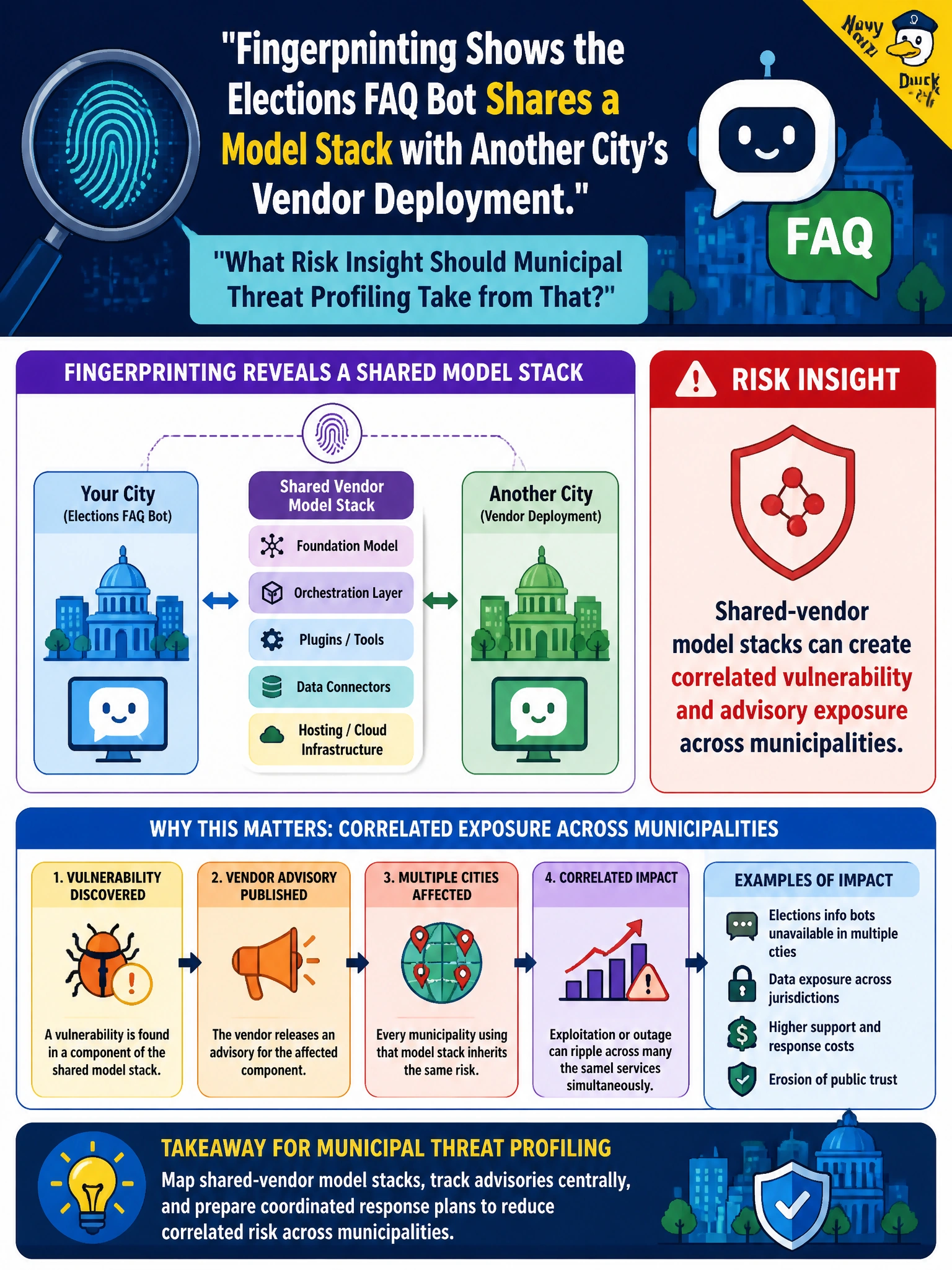 To Create an exciting colorful infographic that explains the concepts in the question: Question: Fingerprinting shows the elections FAQ bot shares a model stack with another city's vendor deployment. What risk insight should municipal threat profiling take from that? Correct Answer: Shared-vendor model stacks can create correlated vulnerability and advisory exposure across municipalities Put EVERY visible label in double quotes. No people. No A/B/C/D letters. In one of the four corners put a little "Navy Duck".