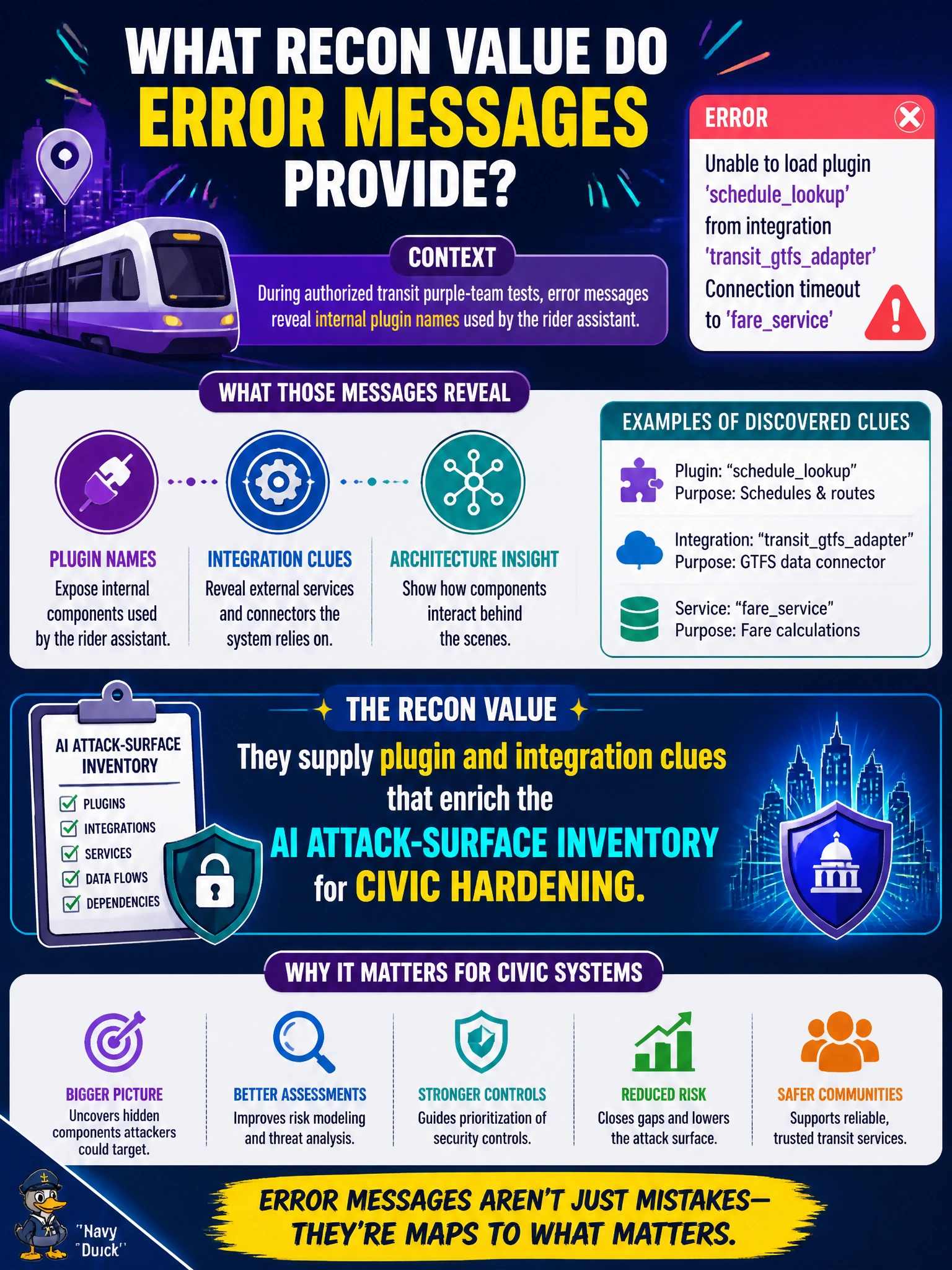 To Create an exciting colorful infographic that explains the concepts in the question: Question: During authorized transit purple-team tests, error messages reveal internal plugin names used by the rider assistant. What recon value do those messages provide? Correct Answer: They supply plugin and integration clues that enrich the AI attack-surface inventory for civic hardening Put EVERY visible label in double quotes. No people. No A/B/C/D letters. In one of the four corners put a little "Navy Duck".
