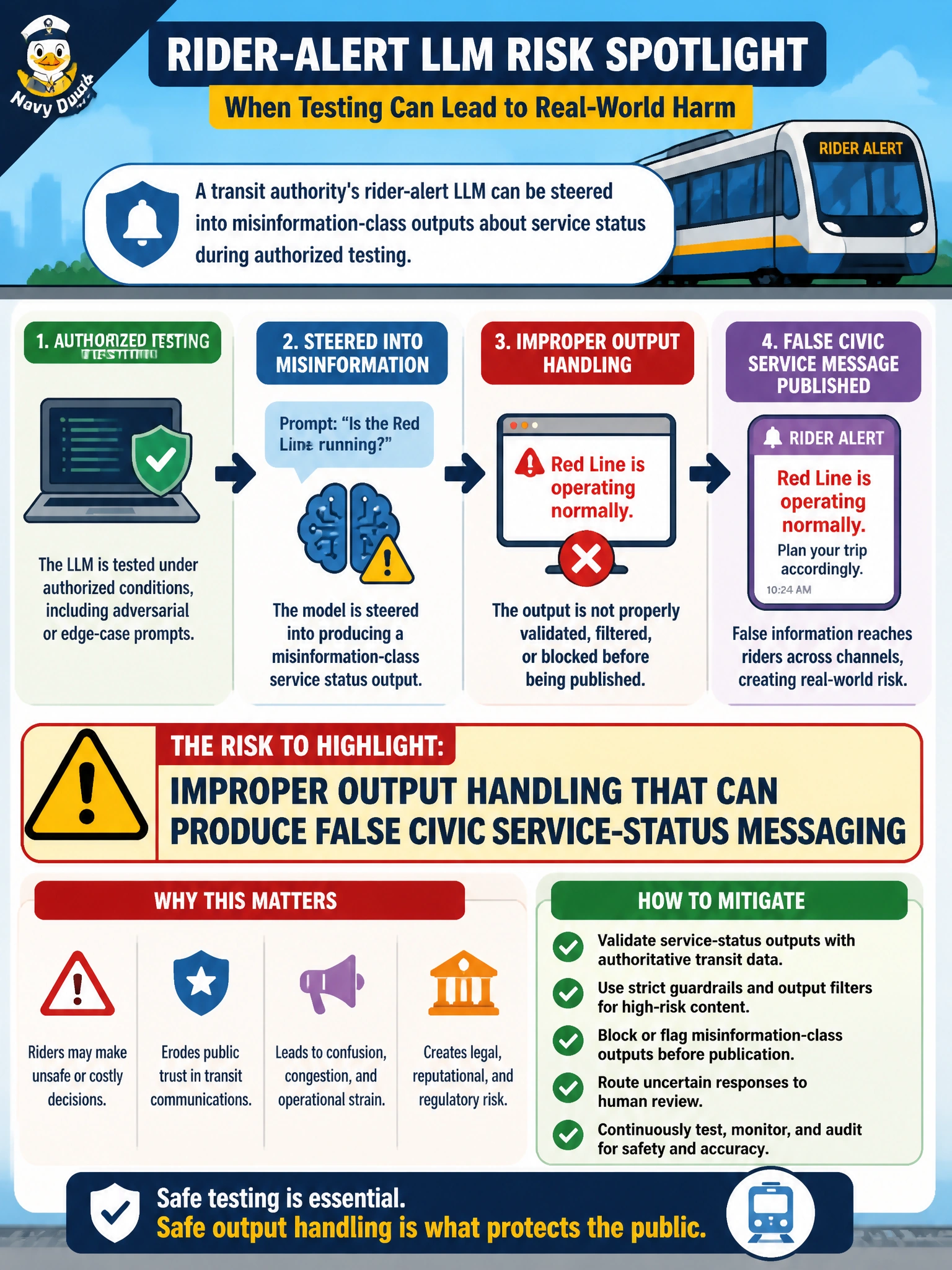 To Create an exciting colorful infographic that explains the concepts in the question: Question: A transit authority's rider-alert LLM can be steered into misinformation-class outputs about service status during authorized testing. What risk should the assessment highlight? Correct Answer: Improper output handling that can produce false civic service-status messaging Put EVERY visible label in double quotes. No people. No A/B/C/D letters. In one of the four corners put a little "Navy Duck".