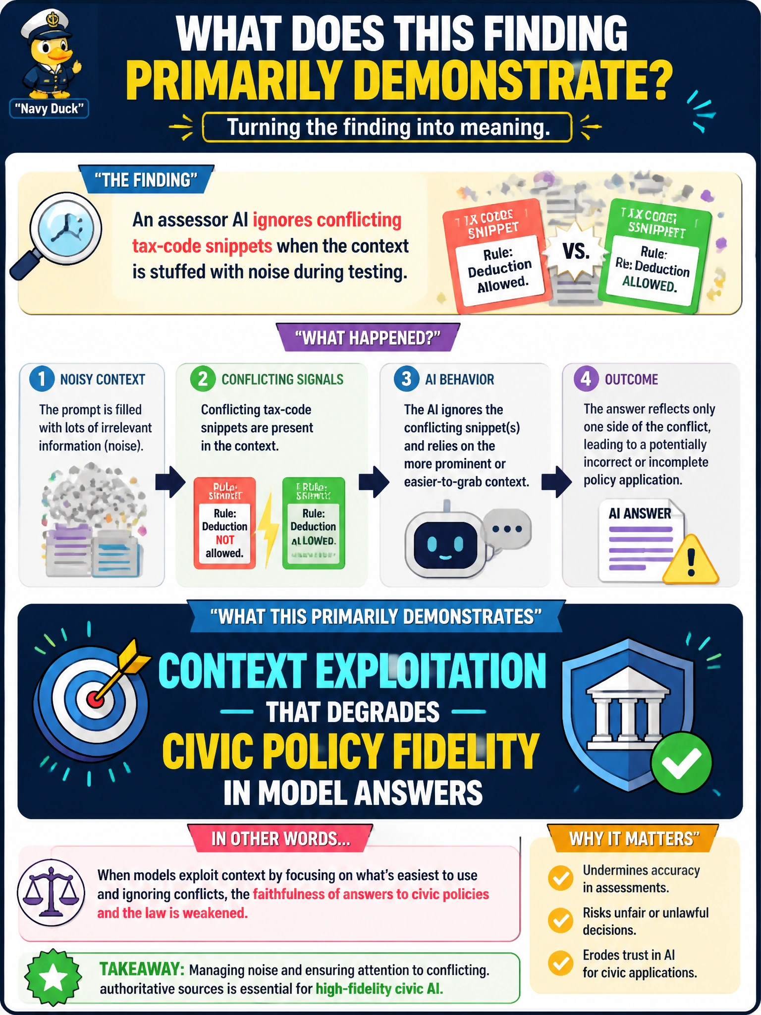 To Create an exciting colorful infographic that explains the concepts in the question: Question: An assessor AI ignores conflicting tax-code snippets when the context is stuffed with noise during testing. What does that finding primarily demonstrate? Correct Answer: Context exploitation that degrades civic policy fidelity in model answers Put EVERY visible label in double quotes. No people. No A/B/C/D letters. In one of the four corners put a little "Navy Duck".