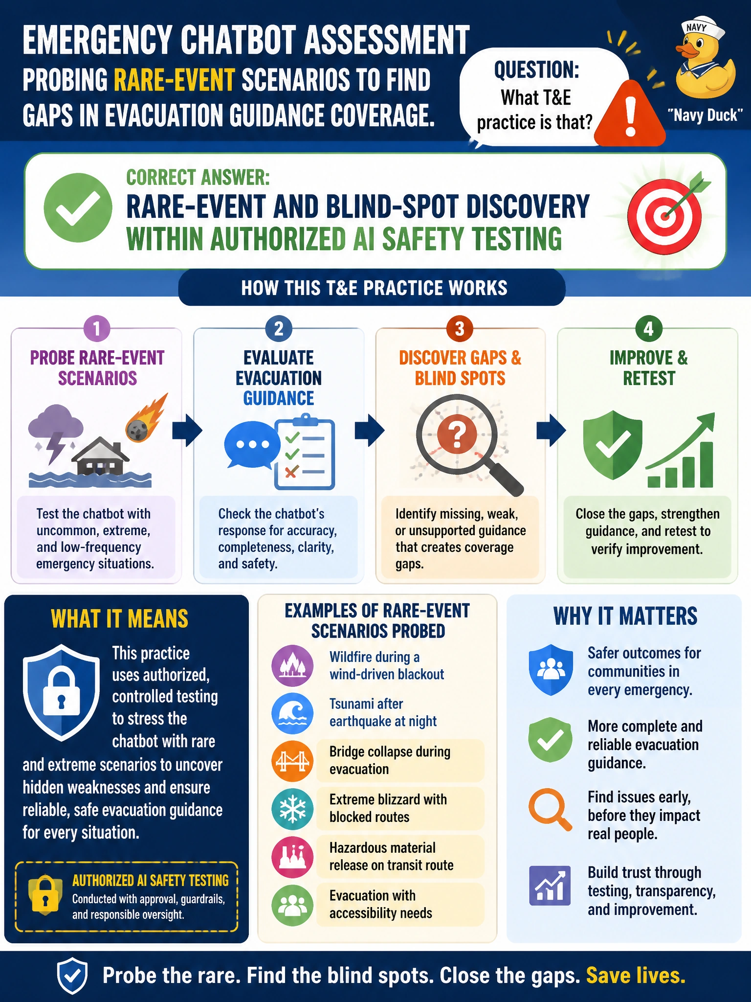 To Create an exciting colorful infographic that explains the concepts in the question: Question: An emergency chatbot assessment probes rare-event scenarios to find gaps in evacuation guidance coverage. What T&E practice is that? Correct Answer: Rare-event and blind-spot discovery within authorized AI safety testing Put EVERY visible label in double quotes. No people. No A/B/C/D letters. In one of the four corners put a little "Navy Duck".