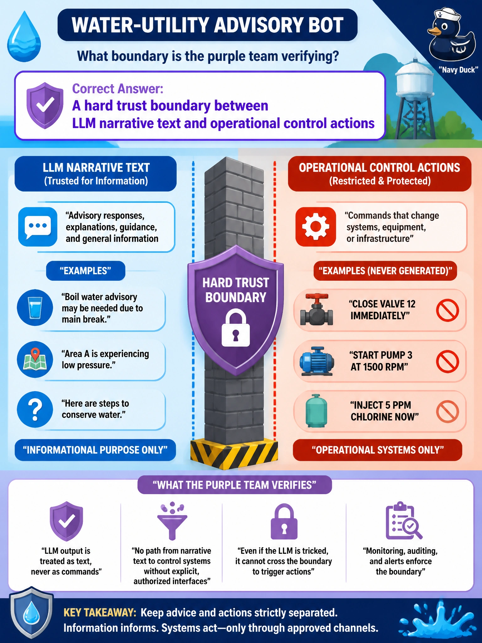 To Create an exciting colorful infographic that explains the concepts in the question: Question: A water-utility advisory bot must never emit text that looks like control-system commands. What boundary is the purple team verifying? Correct Answer: A hard trust boundary between LLM narrative text and operational control actions Put EVERY visible label in double quotes. No people. No A/B/C/D letters. In one of the four corners put a little "Navy Duck".