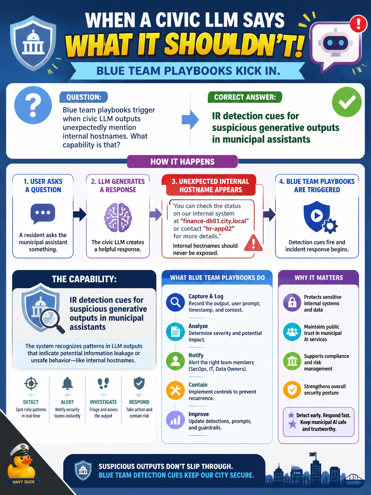 To Create an exciting colorful infographic that explains the concepts in the question: Question: Blue team playbooks trigger when civic LLM outputs unexpectedly mention internal hostnames. What capability is that? Correct Answer: IR detection cues for suspicious generative outputs in municipal assistants Put EVERY visible label in double quotes. No people. No A/B/C/D letters. In one of the four corners put a little "Navy Duck".