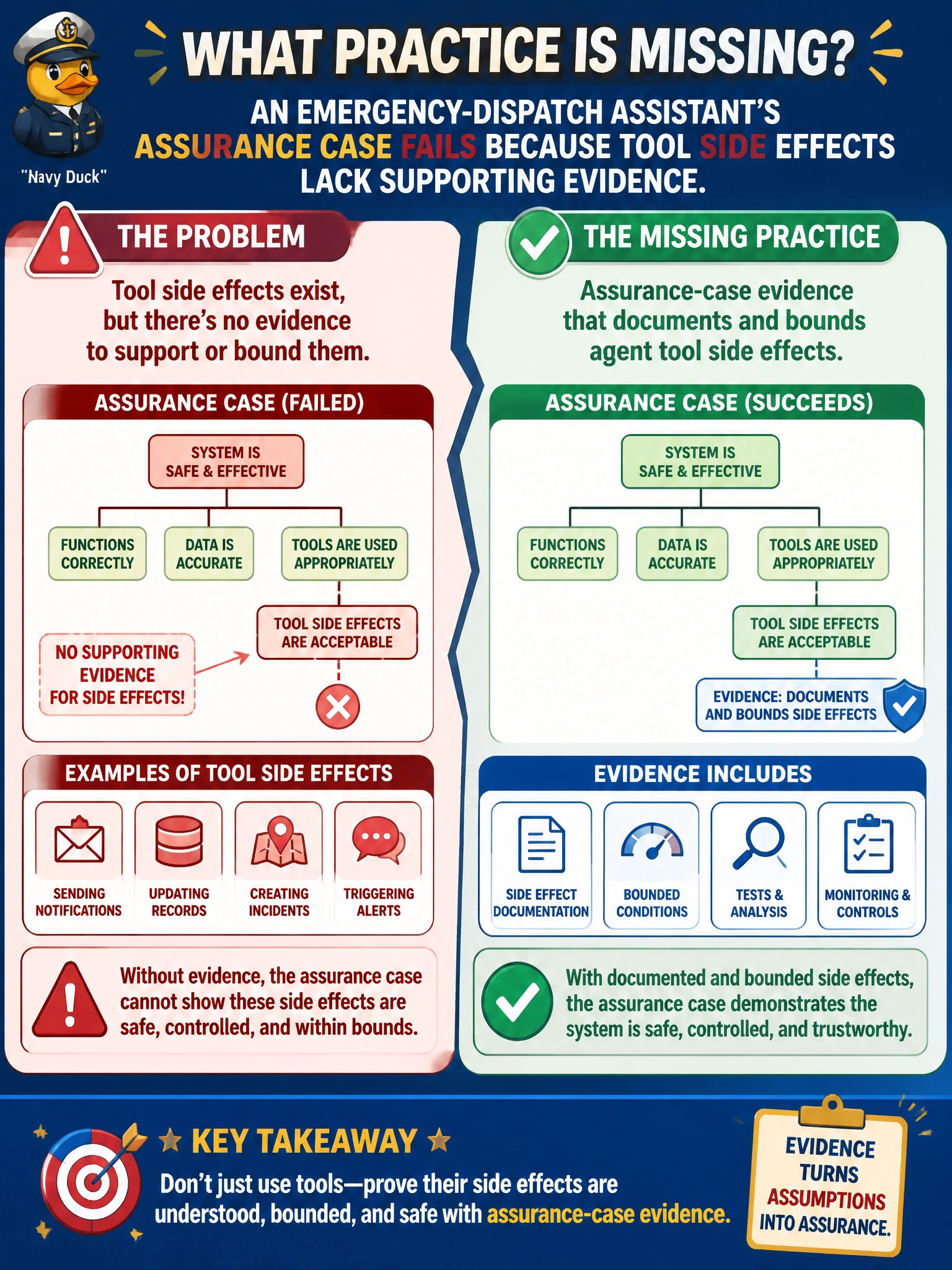 To Create an exciting colorful infographic that explains the concepts in the question: Question: An emergency-dispatch assistant's assurance case fails because tool side effects lack supporting evidence. What practice is missing? Correct Answer: Assurance-case evidence that documents and bounds agent tool side effects Put EVERY visible label in double quotes. No people. No A/B/C/D letters. In one of the four corners put a little "Navy Duck".