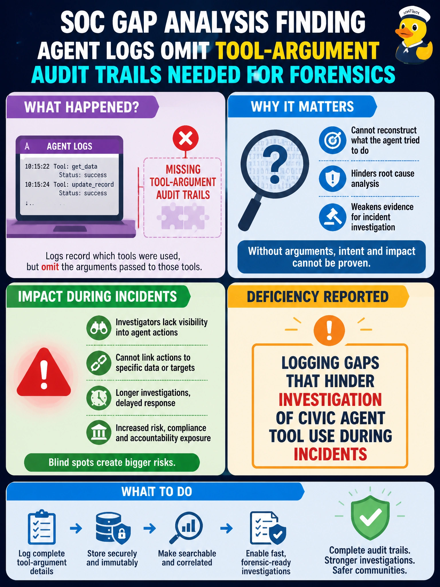 To Create an exciting colorful infographic that explains the concepts in the question: Question: SOC gap analysis finds agent logs omit tool-argument audit trails needed for forensics. What deficiency is reported? Correct Answer: Logging gaps that hinder investigation of civic agent tool use during incidents Put EVERY visible label in double quotes. No people. No A/B/C/D letters. In one of the four corners put a little "Navy Duck".