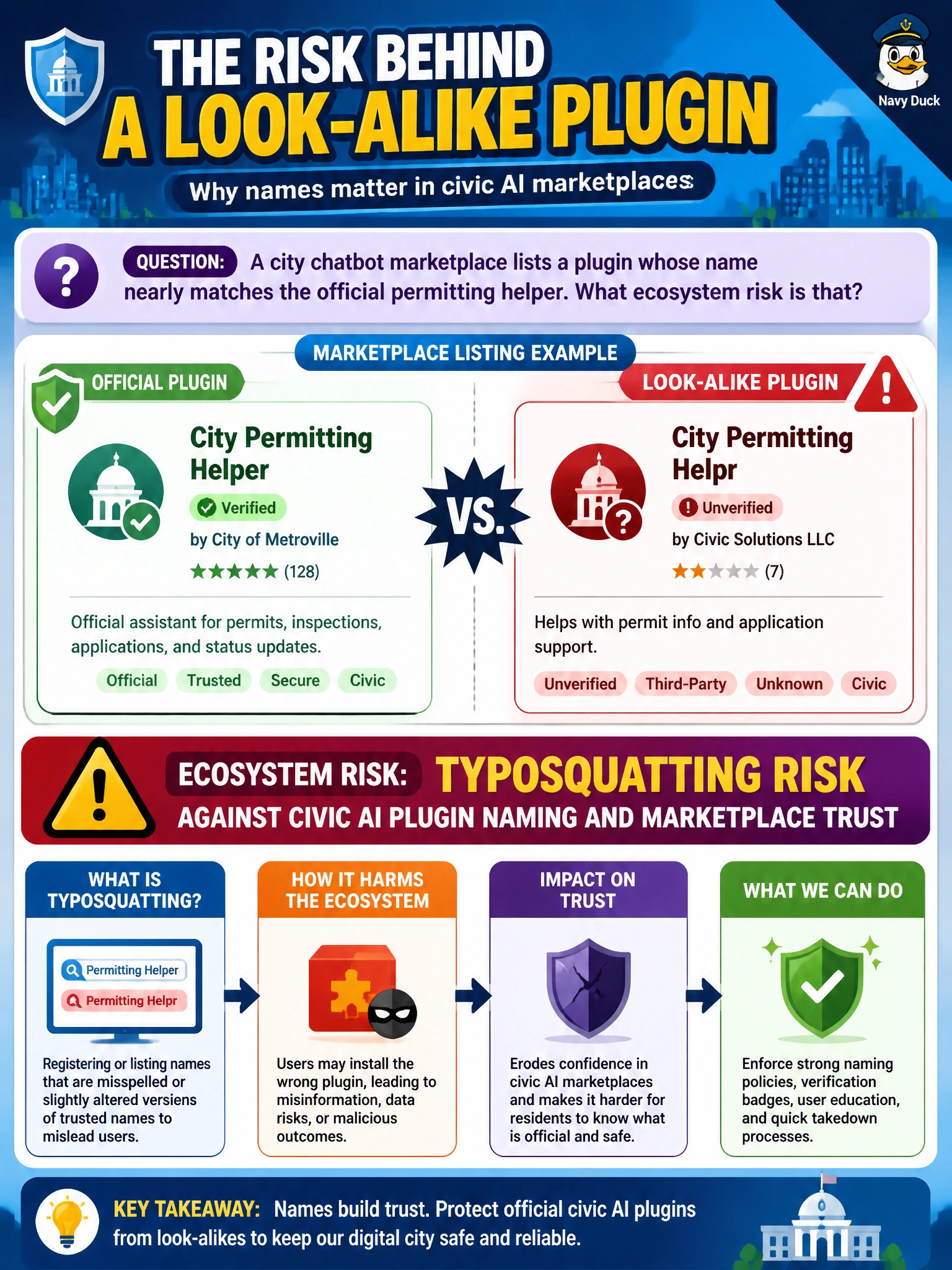 To Create an exciting colorful infographic that explains the concepts in the question: Question: A city chatbot marketplace lists a plugin whose name nearly matches the official permitting helper. What ecosystem risk is that? Correct Answer: Typosquatting risk against civic AI plugin naming and marketplace trust Put EVERY visible label in double quotes. No people. No A/B/C/D letters. In one of the four corners put a little "Navy Duck".