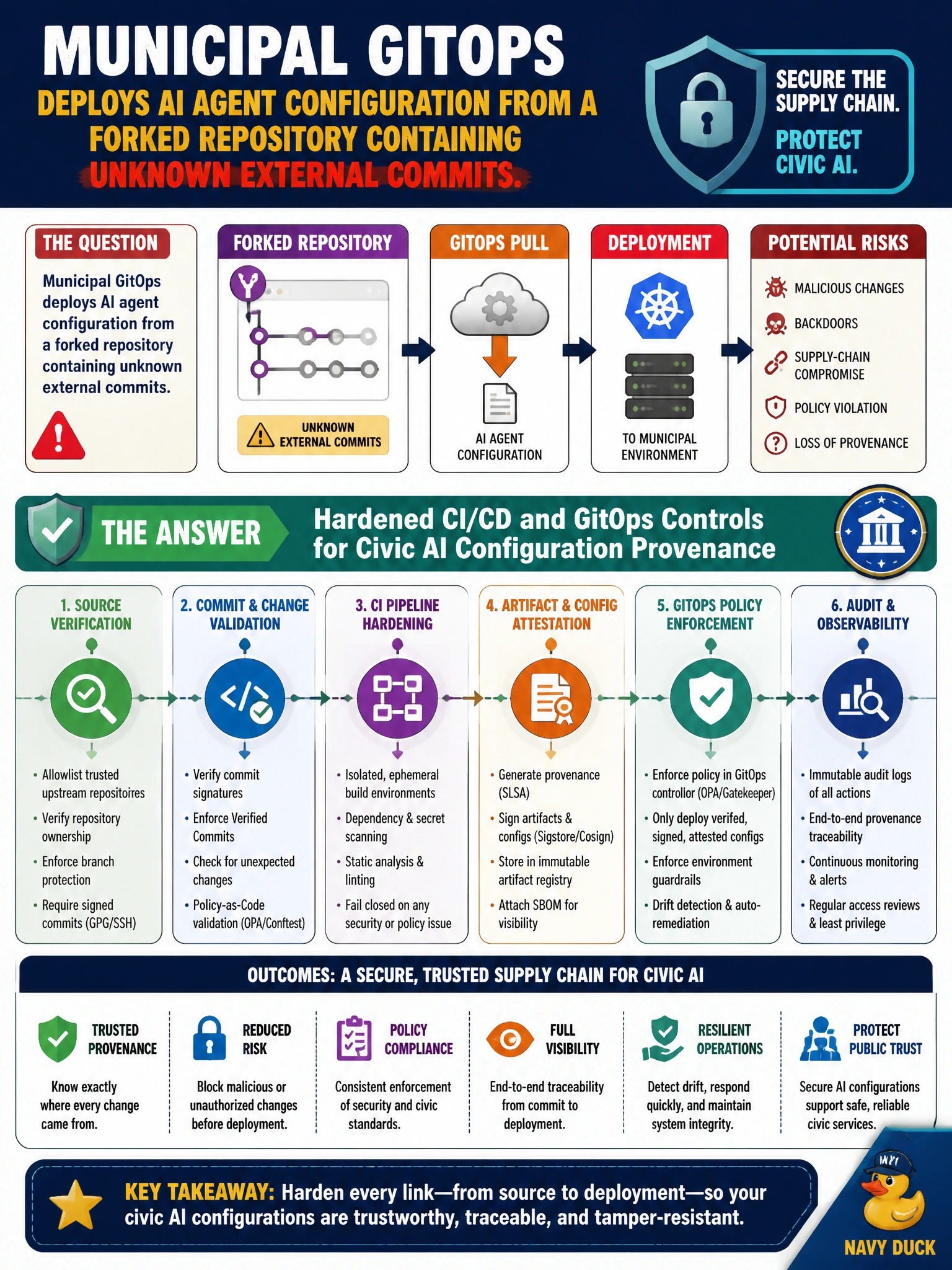 To Create an exciting colorful infographic that explains the concepts in the question: Question: Municipal GitOps deploys AI agent configuration from a forked repository containing unknown external commits. What supply-chain hardening is needed? Correct Answer: Hardened CI/CD and GitOps controls for civic AI configuration provenance Put EVERY visible label in double quotes. No people. No A/B/C/D letters. In one of the four corners put a little "Navy Duck".