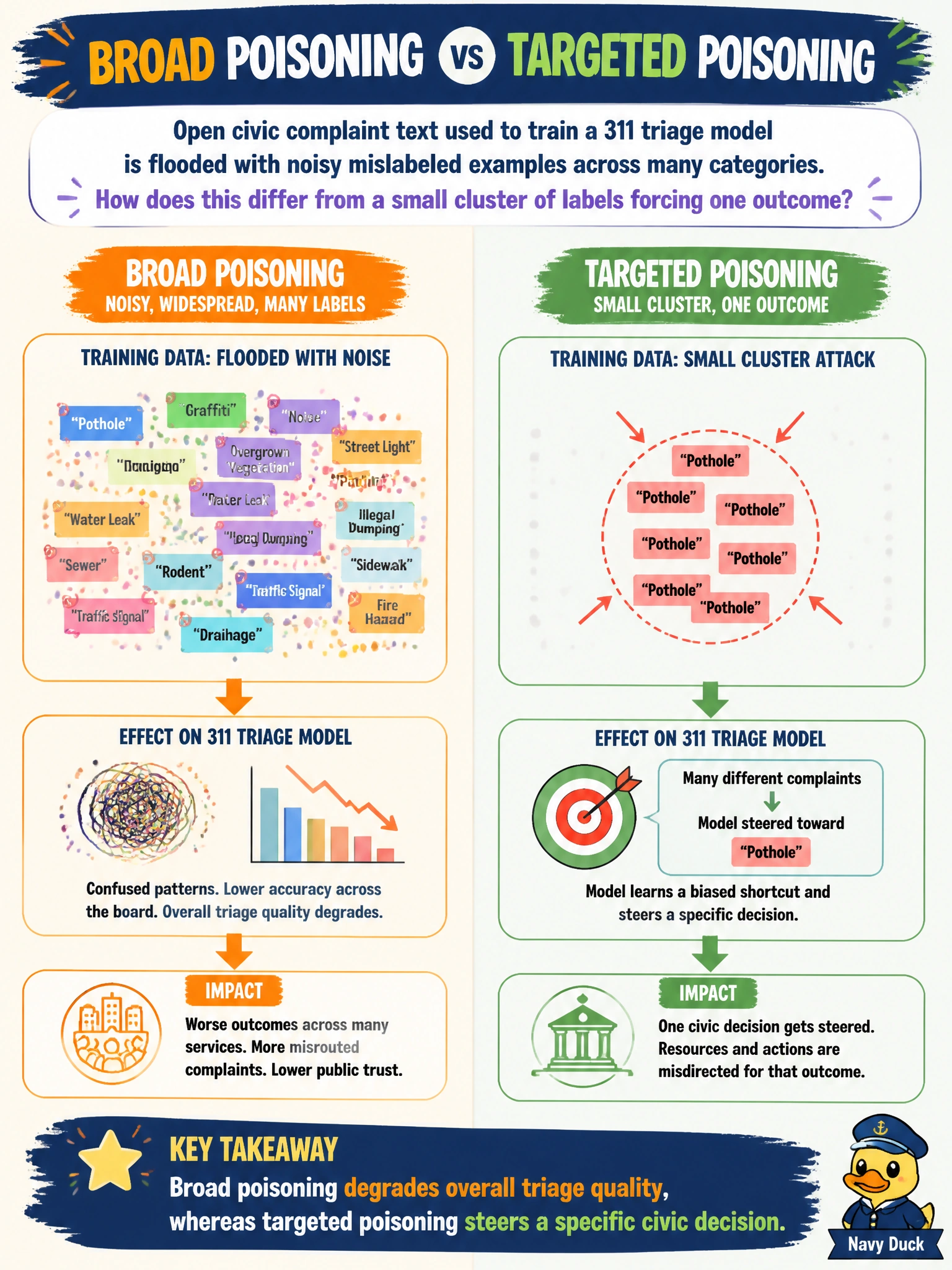 To Create an exciting colorful infographic that explains the concepts in the question: Question: Open civic complaint text used to train a 311 triage model is flooded with noisy mislabeled examples across many categories. How does this differ from a small cluster of labels forcing one outcome? Correct Answer: Broad poisoning degrades overall triage quality, whereas targeted poisoning steers a specific civic decision Put EVERY visible label in double quotes. No people. No A/B/C/D letters. In one of the four corners put a little "Navy Duck".