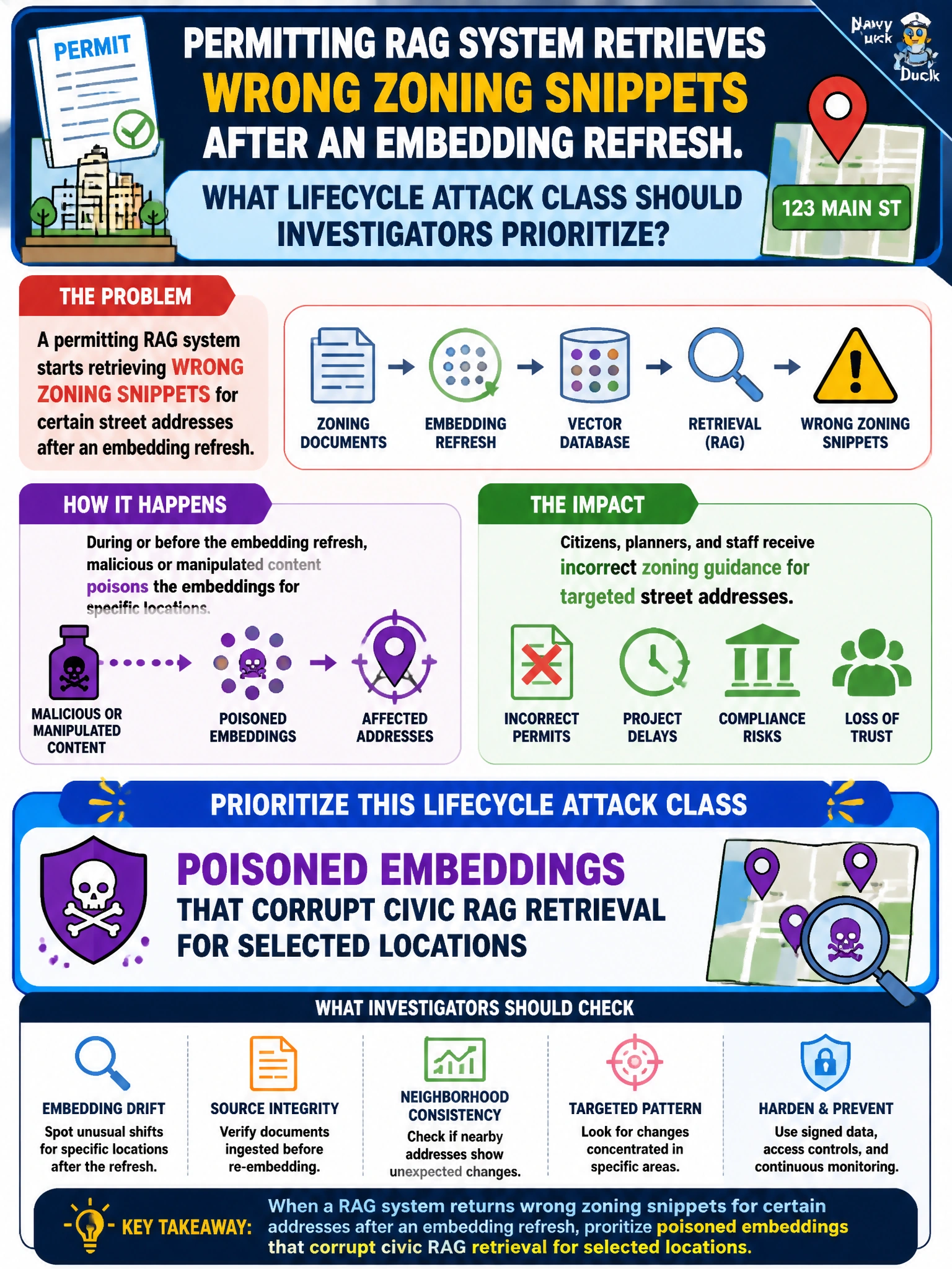 To Create an exciting colorful infographic that explains the concepts in the question: Question: A permitting RAG system starts retrieving wrong zoning snippets for certain street addresses after an embedding refresh. What lifecycle attack class should investigators prioritize? Correct Answer: Poisoned embeddings that corrupt civic RAG retrieval for selected locations Put EVERY visible label in double quotes. No people. No A/B/C/D letters. In one of the four corners put a little "Navy Duck".