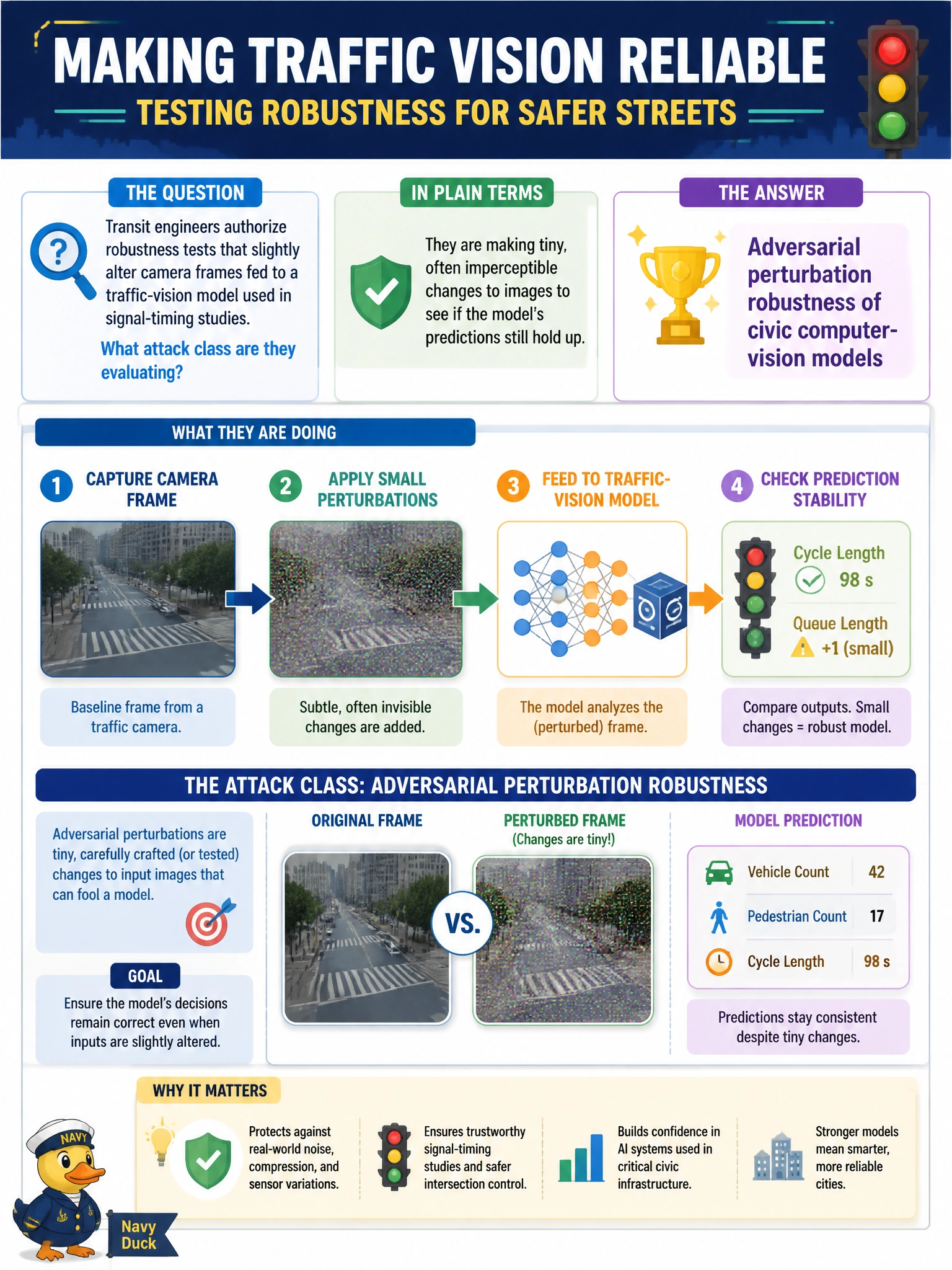 To Create an exciting colorful infographic that explains the concepts in the question: Question: Transit engineers authorize robustness tests that slightly alter camera frames fed to a traffic-vision model used in signal-timing studies. What attack class are they evaluating? Correct Answer: Adversarial perturbation robustness of civic computer-vision models Put EVERY visible label in double quotes. No people. No A/B/C/D letters. In one of the four corners put a little "Navy Duck".