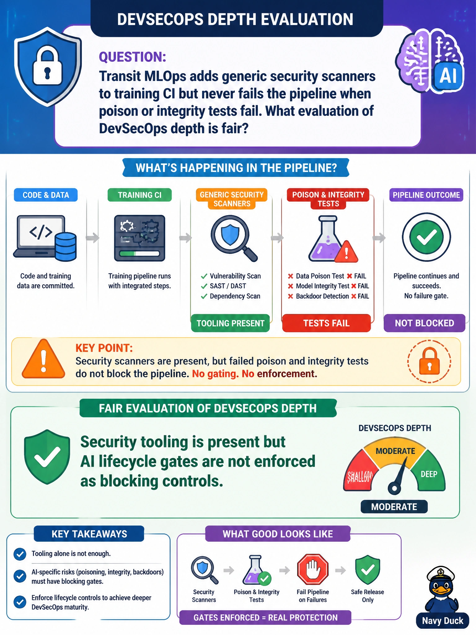 To Create an exciting colorful infographic that explains the concepts in the question: Question: Transit MLOps adds generic security scanners to training CI but never fails the pipeline when poison or integrity tests fail. What evaluation of DevSecOps depth is fair? Correct Answer: Security tooling is present but AI lifecycle gates are not enforced as blocking controls Put EVERY visible label in double quotes. No people. No A/B/C/D letters. In one of the four corners put a little "Navy Duck".