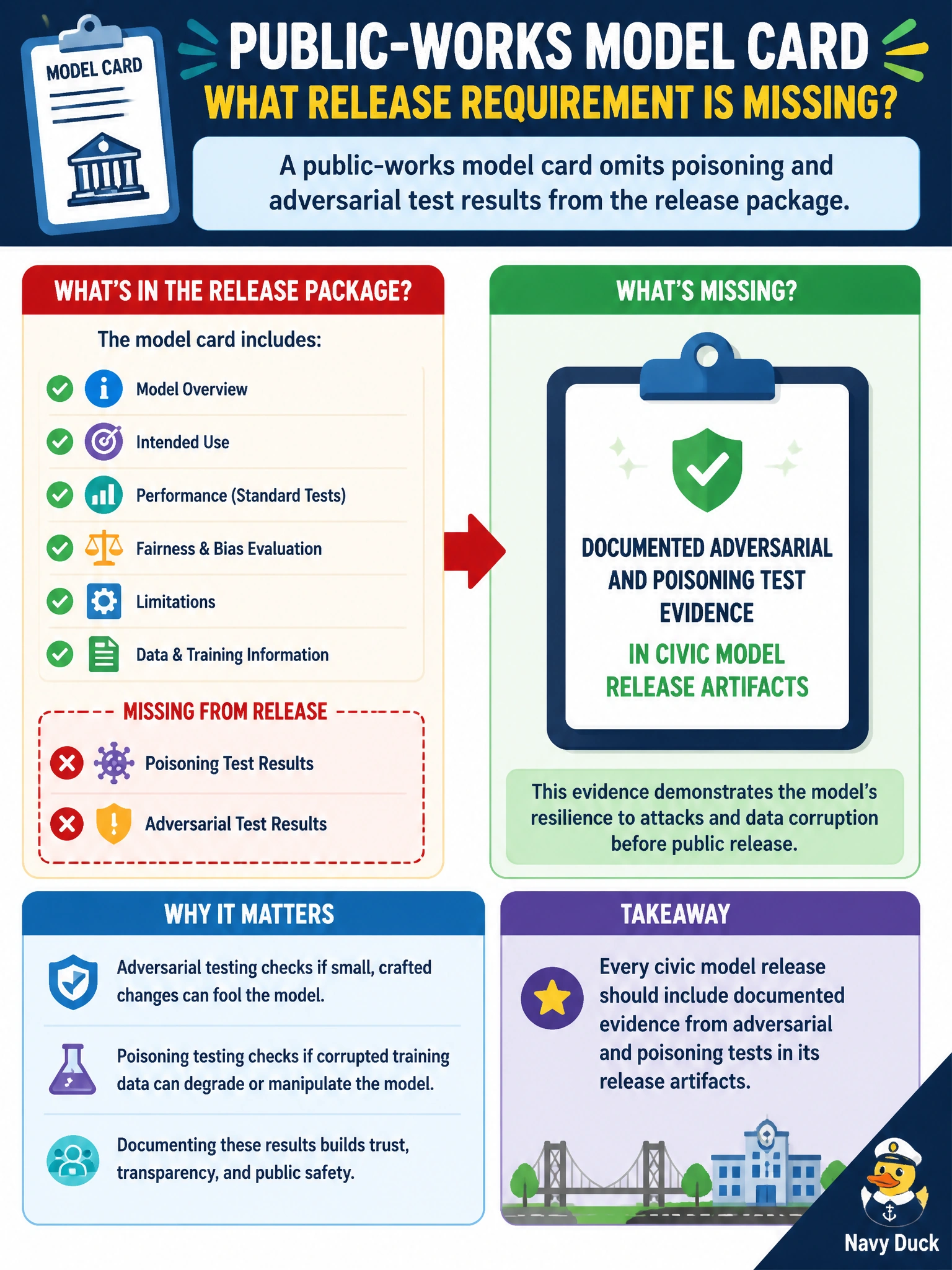 To Create an exciting colorful infographic that explains the concepts in the question: Question: A public-works model card omits poisoning and adversarial test results from the release package. What release requirement is missing? Correct Answer: Documented adversarial and poisoning test evidence in civic model release artifacts Put EVERY visible label in double quotes. No people. No A/B/C/D letters. In one of the four corners put a little "Navy Duck".