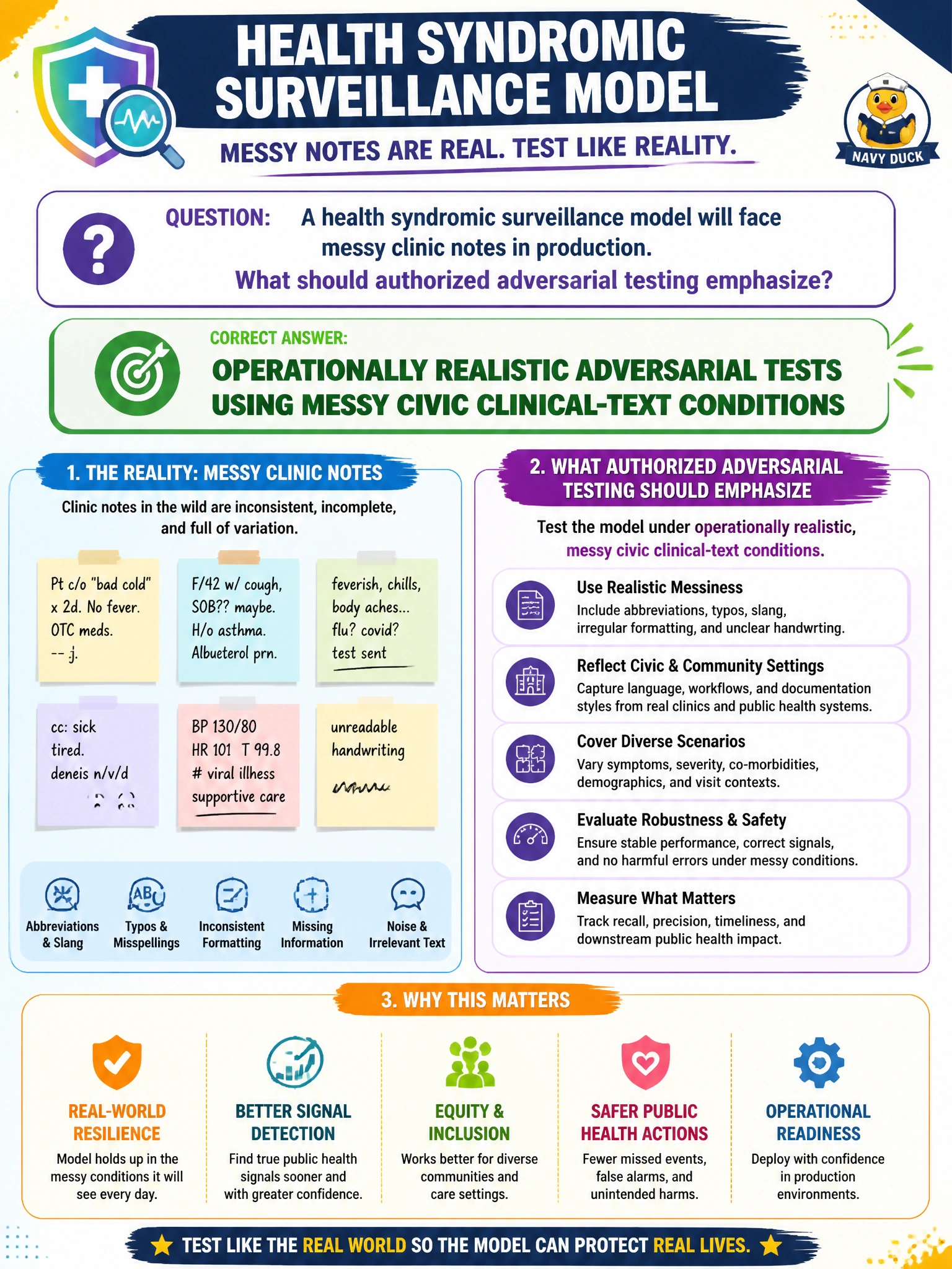 To Create an exciting colorful infographic that explains the concepts in the question: Question: A health syndromic surveillance model will face messy clinic notes in production. What should authorized adversarial testing emphasize? Correct Answer: Operationally realistic adversarial tests using messy civic clinical-text conditions Put EVERY visible label in double quotes. No people. No A/B/C/D letters. In one of the four corners put a little "Navy Duck".