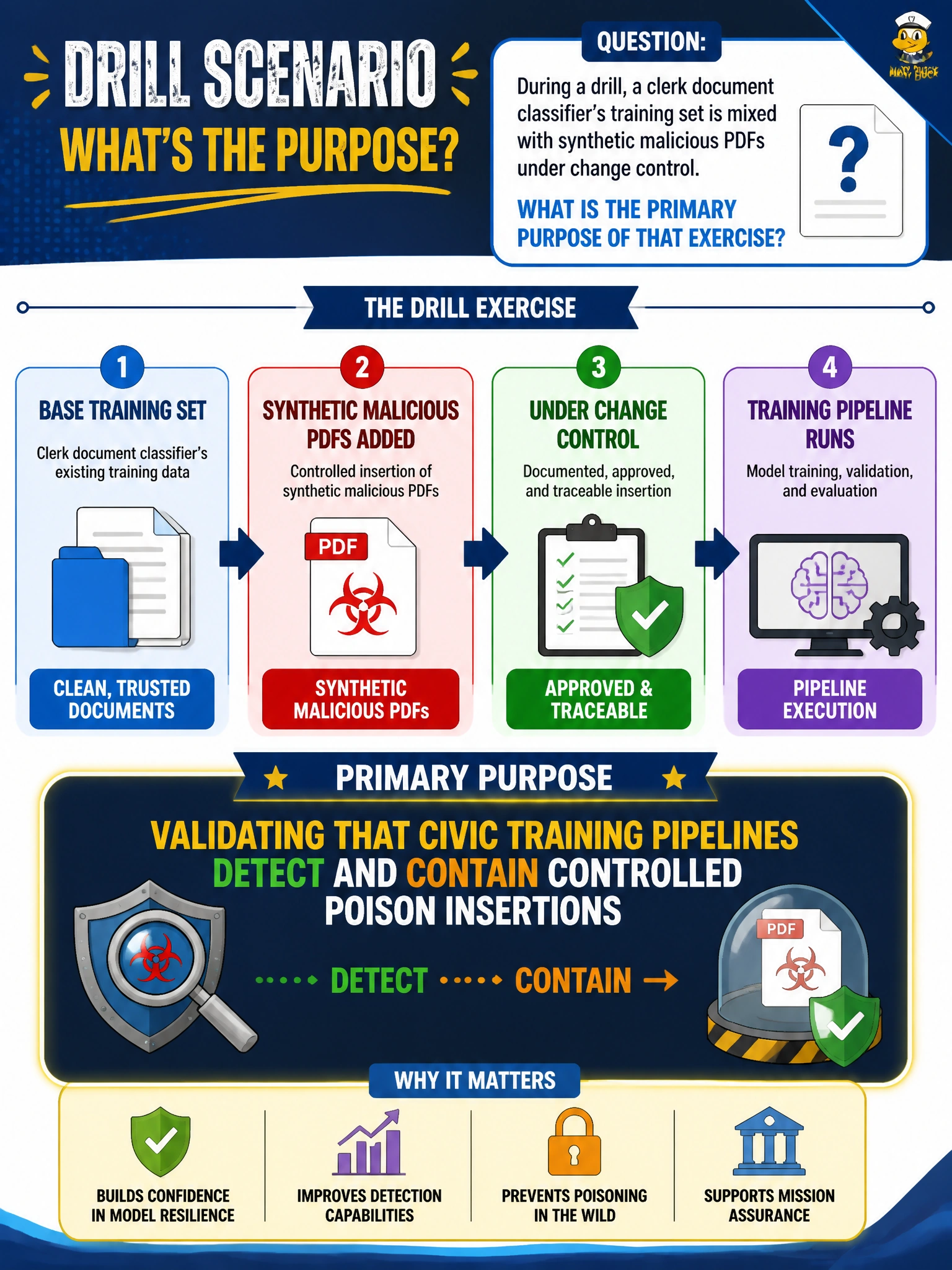 To Create an exciting colorful infographic that explains the concepts in the question: Question: During a drill, a clerk document classifier’s training set is mixed with synthetic malicious PDFs under change control. What is the primary purpose of that exercise? Correct Answer: Validating that civic training pipelines detect and contain controlled poison insertions Put EVERY visible label in double quotes. No people. No A/B/C/D letters. In one of the four corners put a little "Navy Duck".