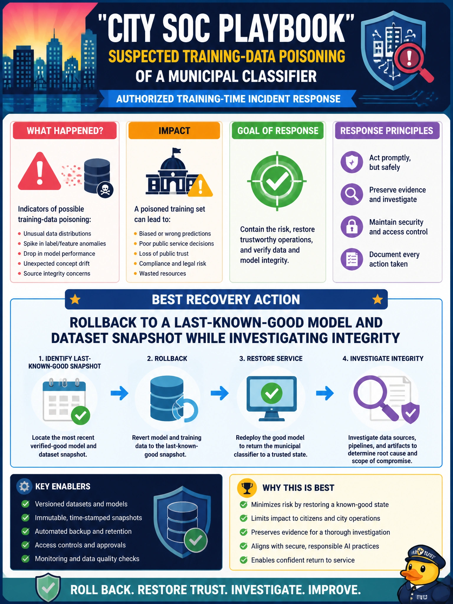 To Create an exciting colorful infographic that explains the concepts in the question: Question: A city SOC playbook covers suspected training-data poisoning of a municipal classifier. What recovery action best fits an authorized training-time incident response? Correct Answer: Rollback to a last-known-good model and dataset snapshot while investigating integrity Put EVERY visible label in double quotes. No people. No A/B/C/D letters. In one of the four corners put a little "Navy Duck".