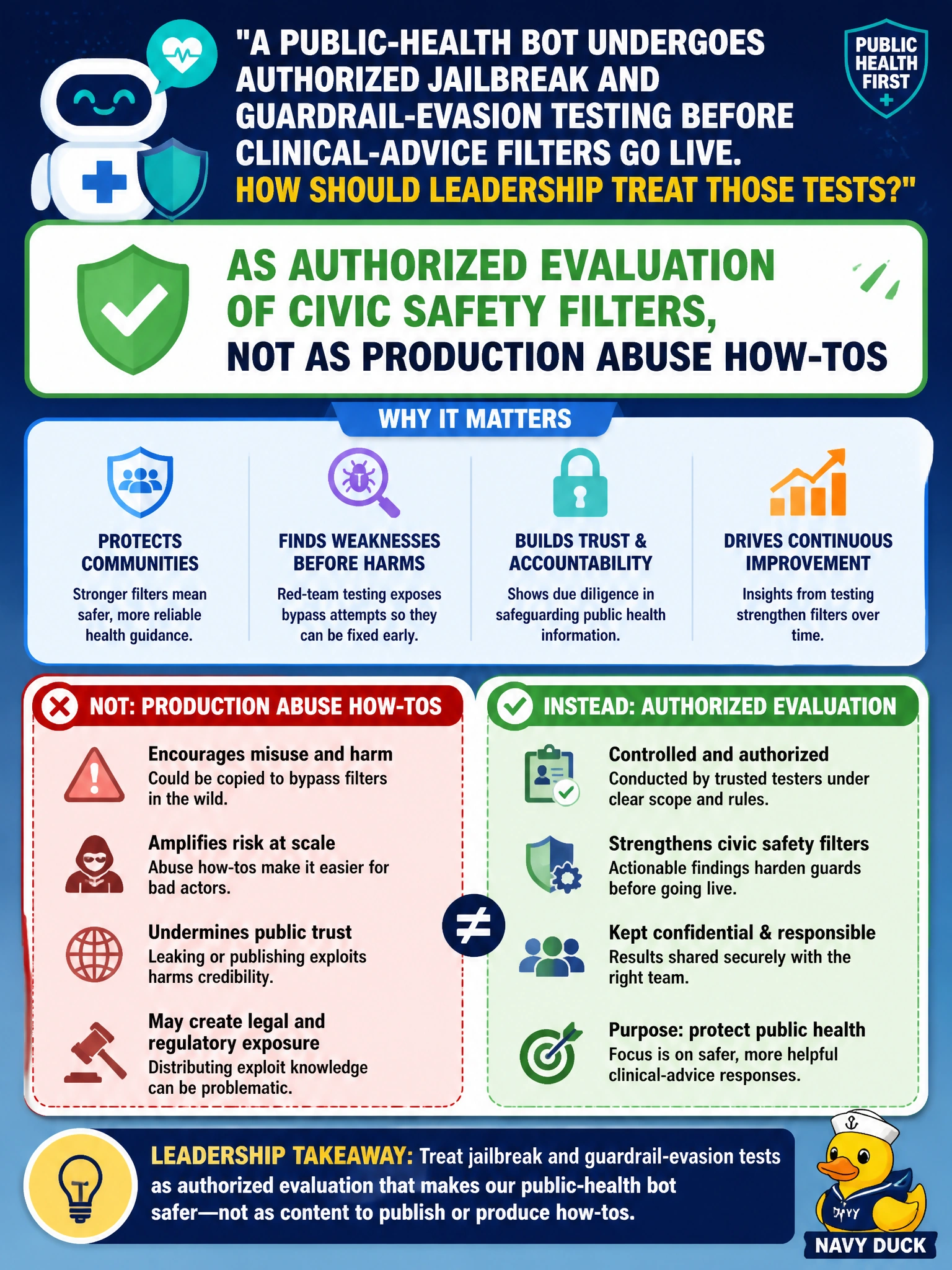 To Create an exciting colorful infographic that explains the concepts in the question: Question: A public-health bot undergoes authorized jailbreak and guardrail-evasion testing before clinical-advice filters go live. How should leadership treat those tests? Correct Answer: As authorized evaluation of civic safety filters, not as production abuse how-tos Put EVERY visible label in double quotes. No people. No A/B/C/D letters. In one of the four corners put a little "Navy Duck".