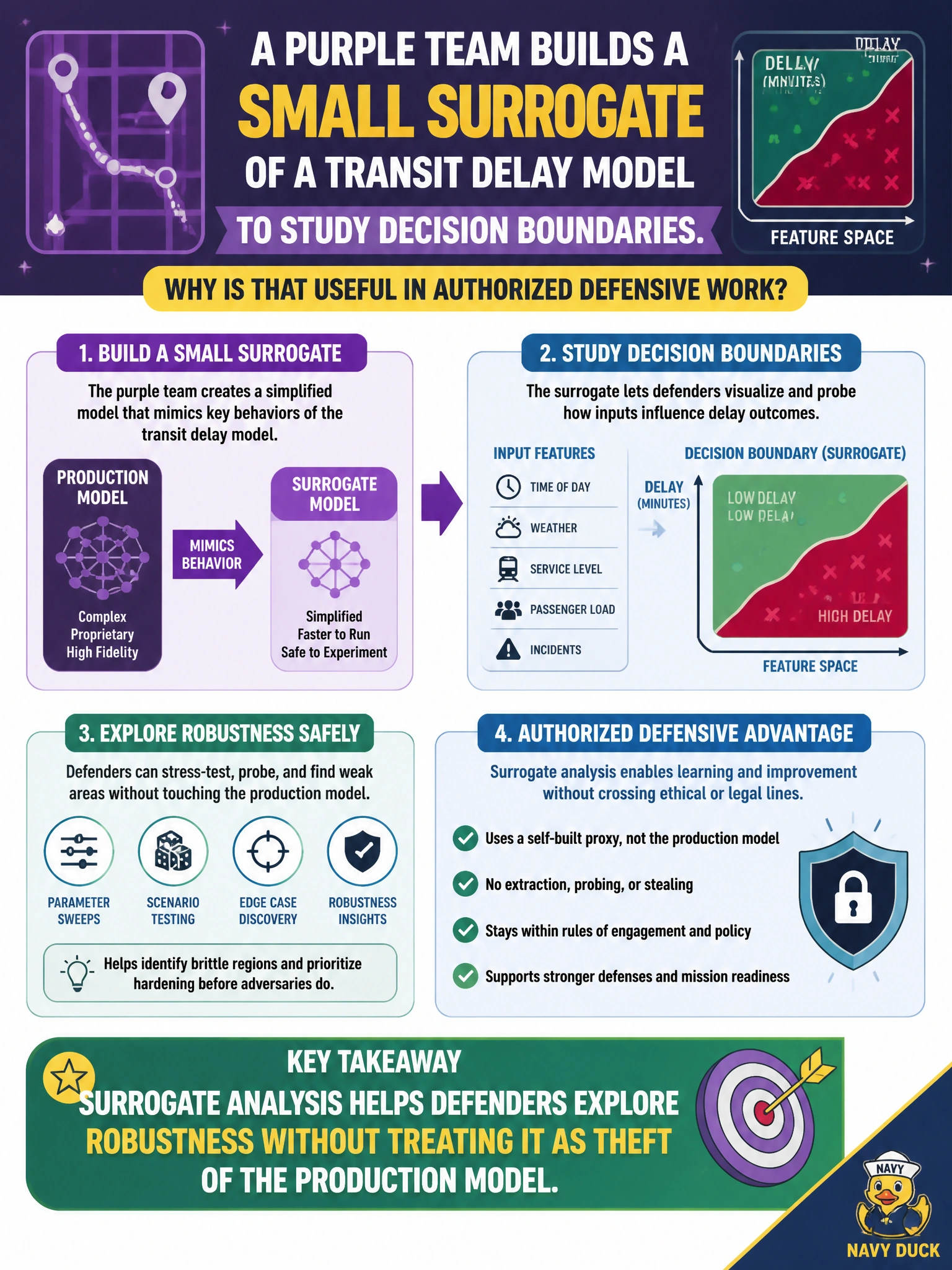 To Create an exciting colorful infographic that explains the concepts in the question: Question: A purple team builds a small surrogate of a transit delay model to study decision boundaries. Why is that useful in authorized defensive work? Correct Answer: Surrogate analysis helps defenders explore robustness without treating it as theft of the production model Put EVERY visible label in double quotes. No people. No A/B/C/D letters. In one of the four corners put a little "Navy Duck".