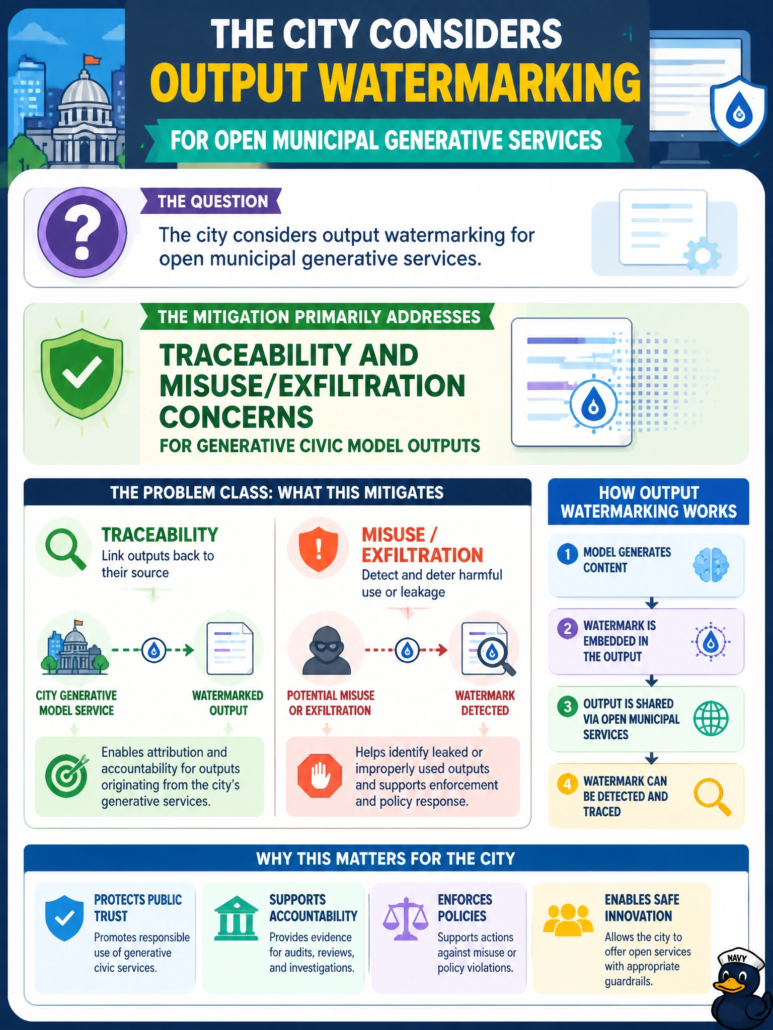 To Create an exciting colorful infographic that explains the concepts in the question: Question: The city considers output watermarking for open municipal generative services. What problem class is that mitigation primarily addressing? Correct Answer: Traceability and misuse/exfiltration concerns for generative civic model outputs Put EVERY visible label in double quotes. No people. No A/B/C/D letters. In one of the four corners put a little "Navy Duck".