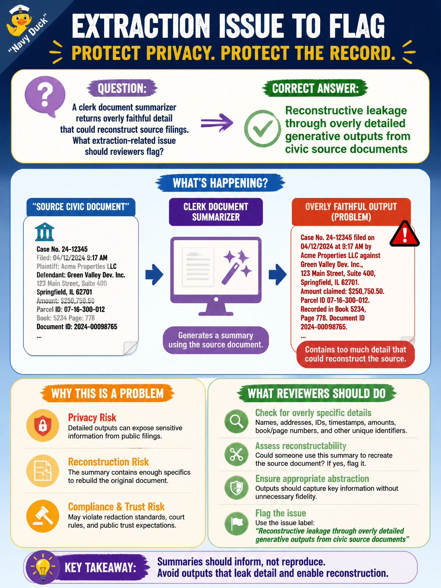 To Create an exciting colorful infographic that explains the concepts in the question: Question: A clerk document summarizer returns overly faithful detail that could reconstruct source filings. What extraction-related issue should reviewers flag? Correct Answer: Reconstructive leakage through overly detailed generative outputs from civic source documents Put EVERY visible label in double quotes. No people. No A/B/C/D letters. In one of the four corners put a little "Navy Duck".