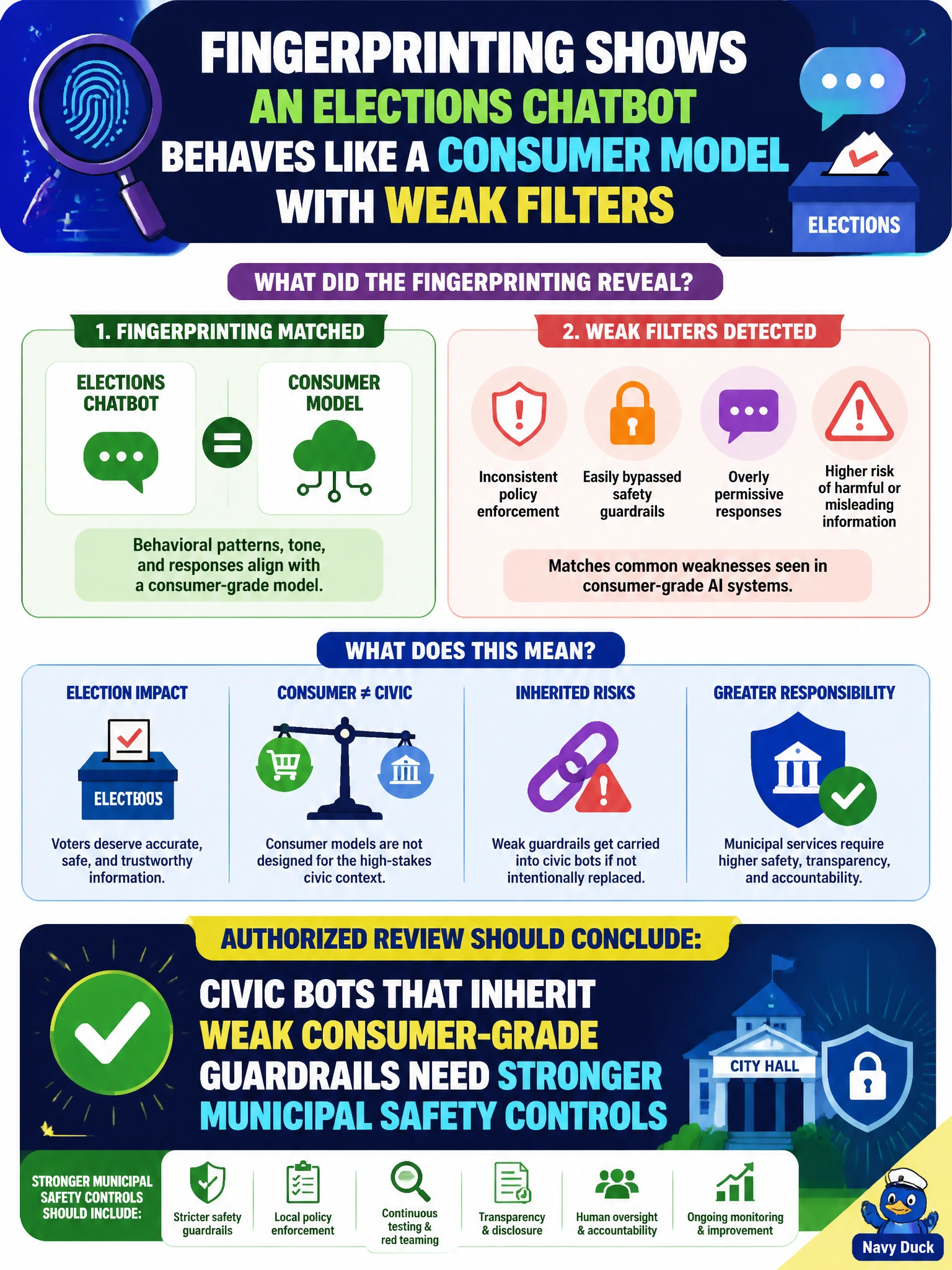 To Create an exciting colorful infographic that explains the concepts in the question: Question: Fingerprinting shows an elections chatbot behaves like a consumer model with weak filters. What should the authorized review conclude? Correct Answer: Civic bots that inherit weak consumer-grade guardrails need stronger municipal safety controls Put EVERY visible label in double quotes. No people. No A/B/C/D letters. In one of the four corners put a little "Navy Duck".