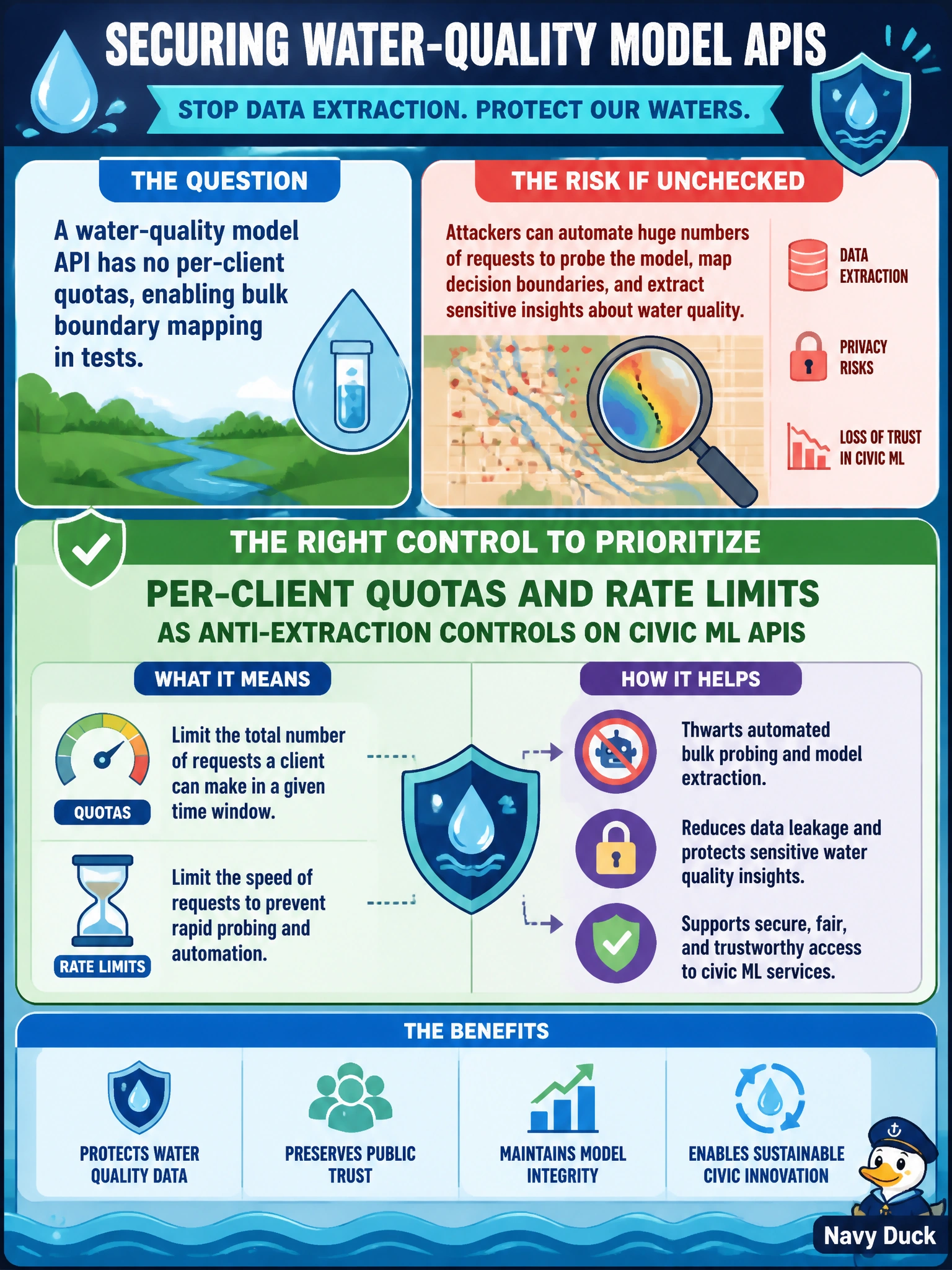 To Create an exciting colorful infographic that explains the concepts in the question: Question: A water-quality model API has no per-client quotas, enabling bulk boundary mapping in tests. What control should defenders prioritize? Correct Answer: Per-client quotas and rate limits as anti-extraction controls on civic ML APIs Put EVERY visible label in double quotes. No people. No A/B/C/D letters. In one of the four corners put a little "Navy Duck".