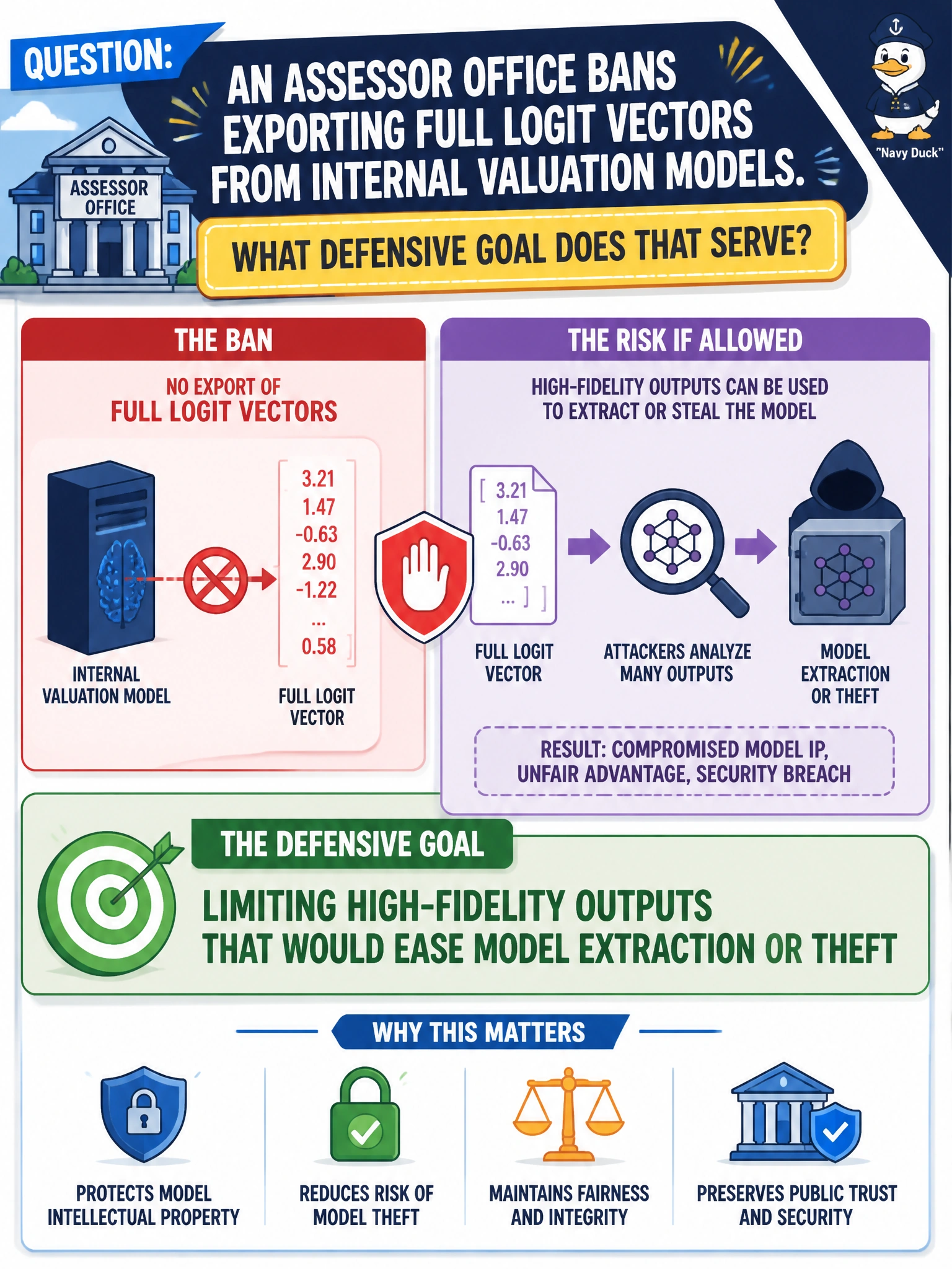 To Create an exciting colorful infographic that explains the concepts in the question: Question: An assessor office bans exporting full logit vectors from internal valuation models. What defensive goal does that serve? Correct Answer: Limiting high-fidelity outputs that would ease model extraction or theft Put EVERY visible label in double quotes. No people. No A/B/C/D letters. In one of the four corners put a little "Navy Duck".
