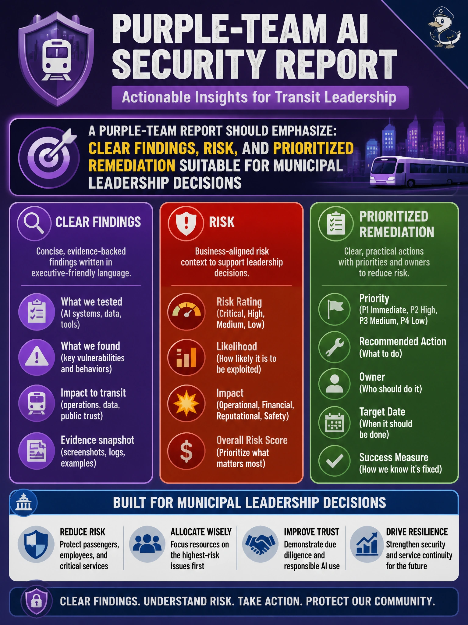 To Create an exciting colorful infographic that explains the concepts in the question: Question: A transit authority needs a purple-team AI security report that executives can act on. What should the report emphasize? Correct Answer: Clear findings, risk, and prioritized remediation suitable for municipal leadership decisions Put EVERY visible label in double quotes. No people. No A/B/C/D letters. In one of the four corners put a little "Navy Duck".
