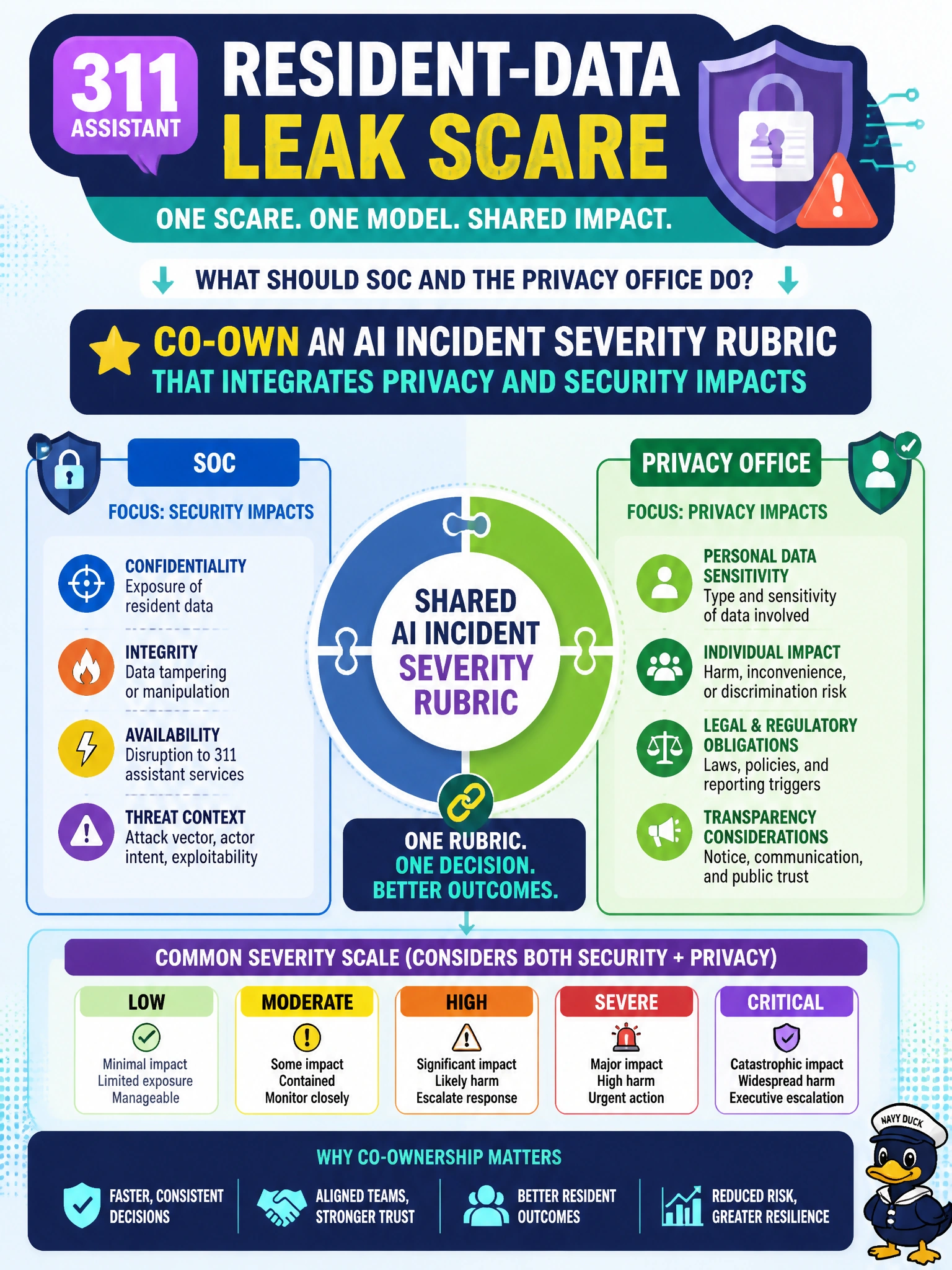 To Create an exciting colorful infographic that explains the concepts in the question: Question: A resident-data leak scare involving the 311 assistant requires one shared severity model. What should SOC and the privacy office do? Correct Answer: Co-own an AI incident severity rubric that integrates privacy and security impacts Put EVERY visible label in double quotes. No people. No A/B/C/D letters. In one of the four corners put a little "Navy Duck".