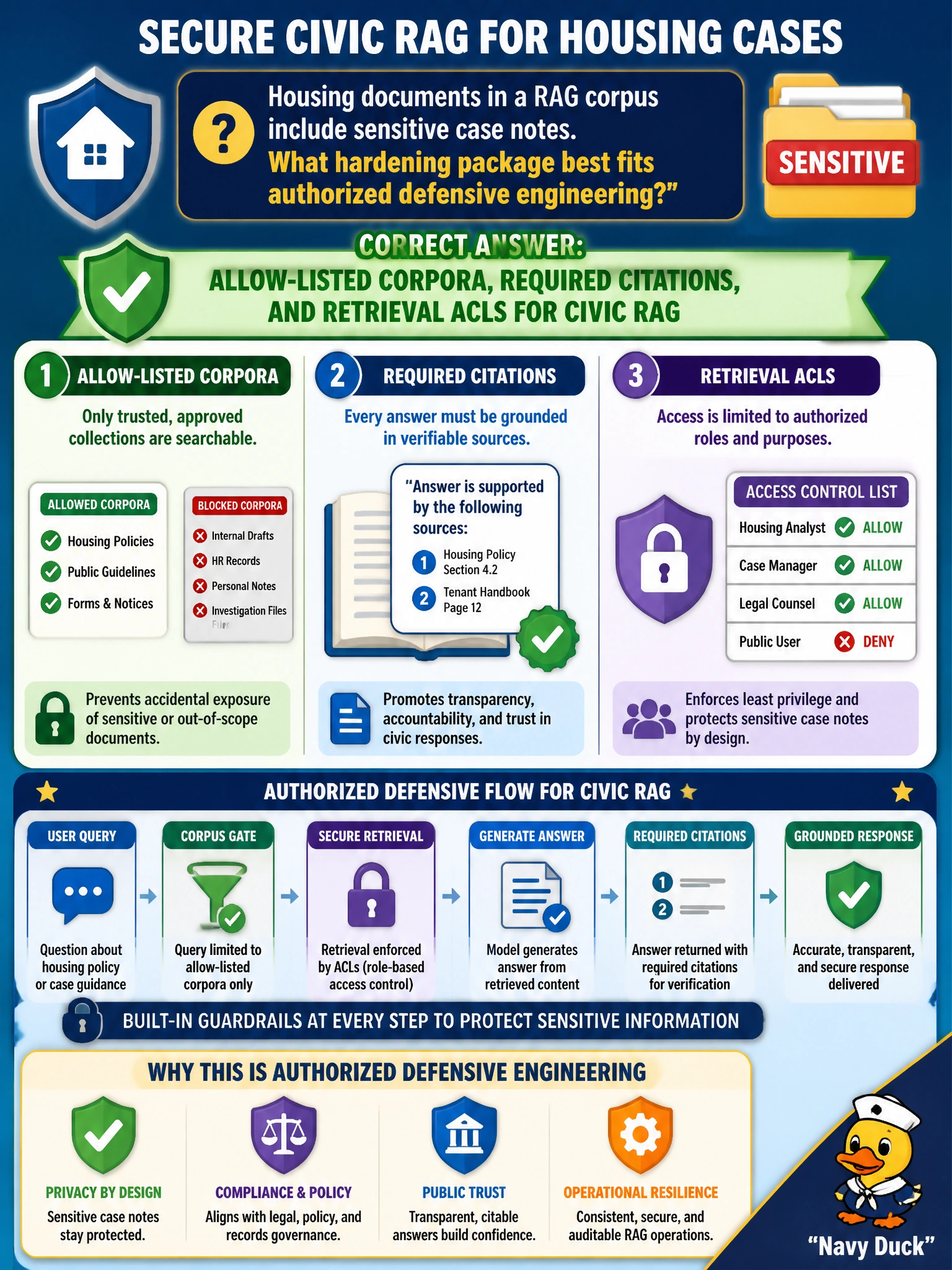 To Create an exciting colorful infographic that explains the concepts in the question: Question: Housing documents in a RAG corpus include sensitive case notes. What hardening package best fits authorized defensive engineering? Correct Answer: Allow-listed corpora, required citations, and retrieval ACLs for civic RAG Put EVERY visible label in double quotes. No people. No A/B/C/D letters. In one of the four corners put a little "Navy Duck".
