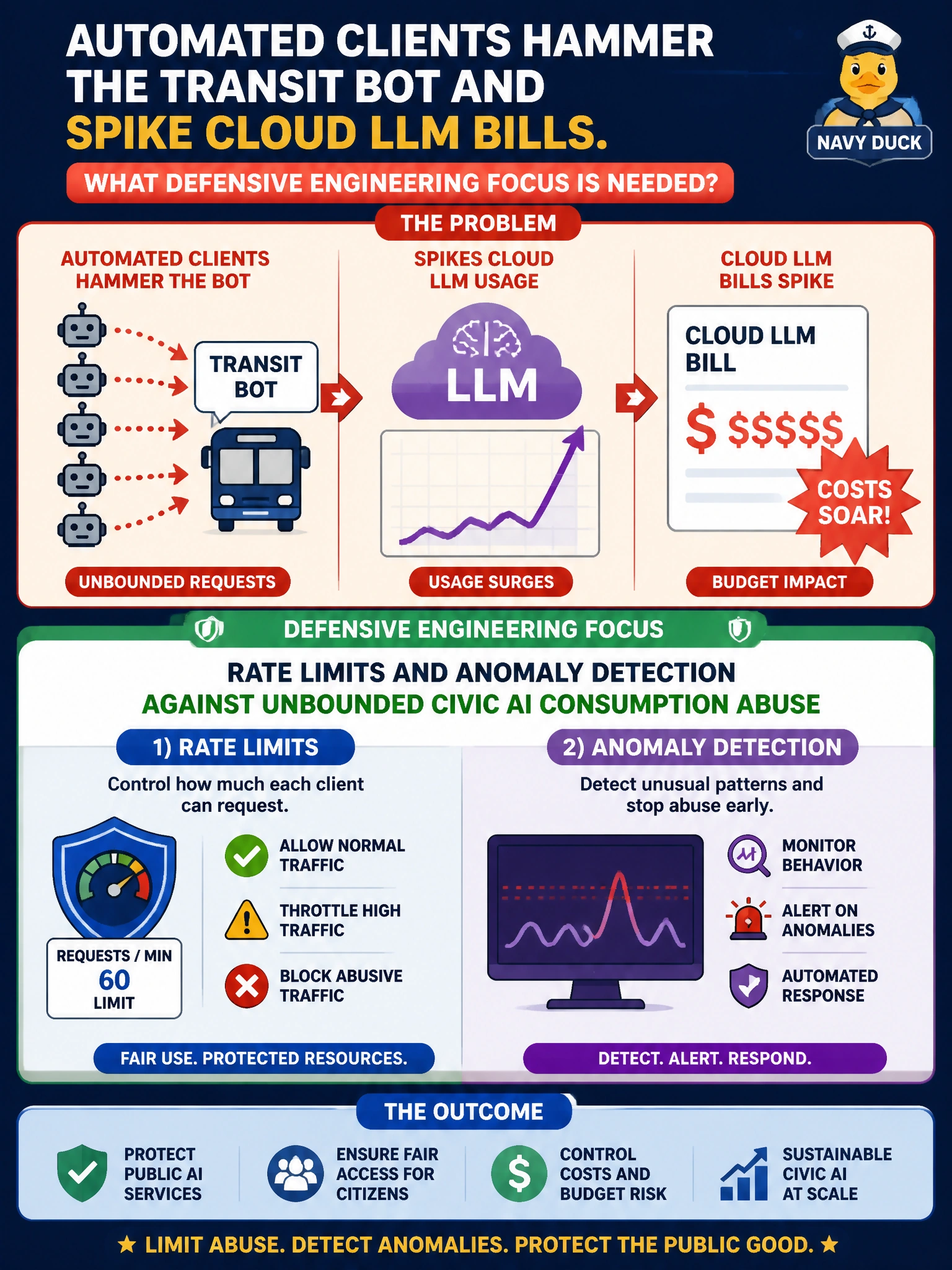 To Create an exciting colorful infographic that explains the concepts in the question: Question: Automated clients hammer the transit bot and spike cloud LLM bills. What defensive engineering focus is needed? Correct Answer: Rate limits and anomaly detection against unbounded civic AI consumption abuse Put EVERY visible label in double quotes. No people. No A/B/C/D letters. In one of the four corners put a little "Navy Duck".