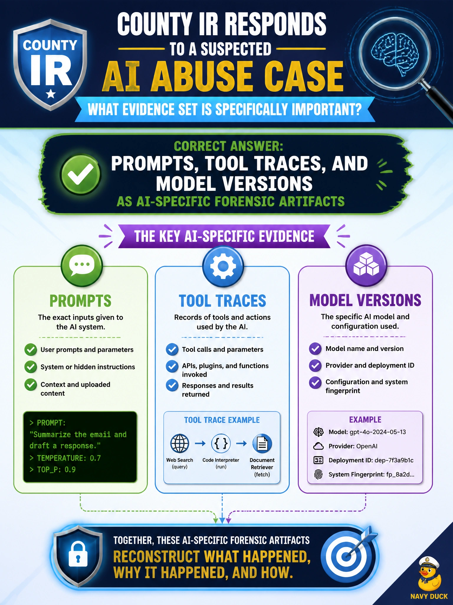 To Create an exciting colorful infographic that explains the concepts in the question: Question: County IR responds to a suspected AI abuse case on a municipal assistant. What evidence set is specifically important? Correct Answer: Prompts, tool traces, and model versions as AI-specific forensic artifacts Put EVERY visible label in double quotes. No people. No A/B/C/D letters. In one of the four corners put a little "Navy Duck".