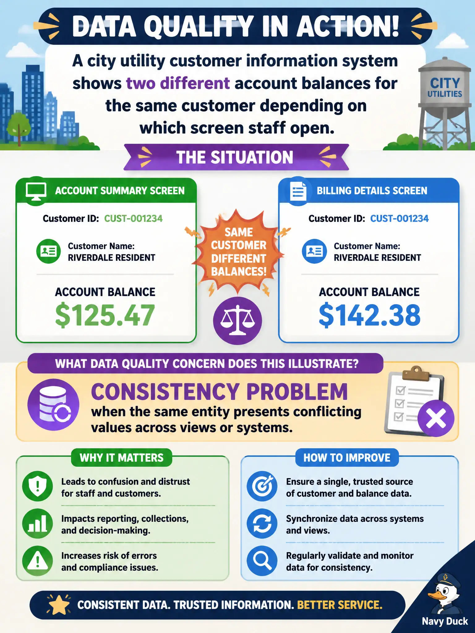 To Create an exciting colorful infographic that explains the concepts in the question: Question: A city utility customer information system shows two different account balances for the same customer depending on which screen staff open. What data quality concern does this primarily illustrate? Correct Answer: A consistency problem when the same entity presents conflicting values across views or systems. Put EVERY visible label in double quotes. No people. No A/B/C/D letters. In one of the four corners put a little "Navy Duck".