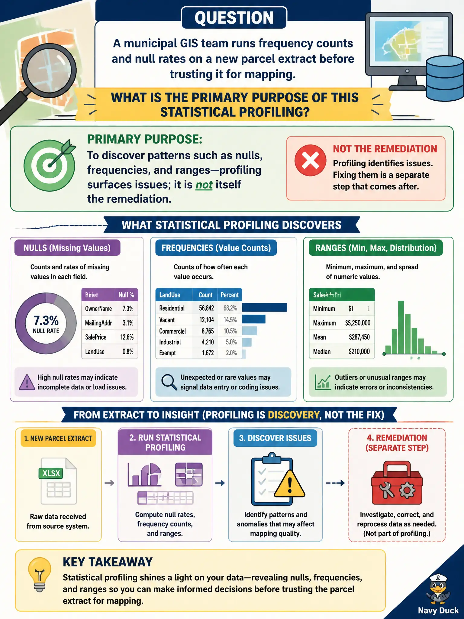 To Create an exciting colorful infographic that explains the concepts in the question: Question: A municipal GIS team runs frequency counts and null rates on a new parcel extract before trusting it for mapping. What is the primary purpose of this statistical profiling? Correct Answer: To discover patterns such as nulls, frequencies, and ranges—profiling surfaces issues; it is not itself the remediation. Put EVERY visible label in double quotes. No people. No A/B/C/D letters. In one of the four corners put a little "Navy Duck".
