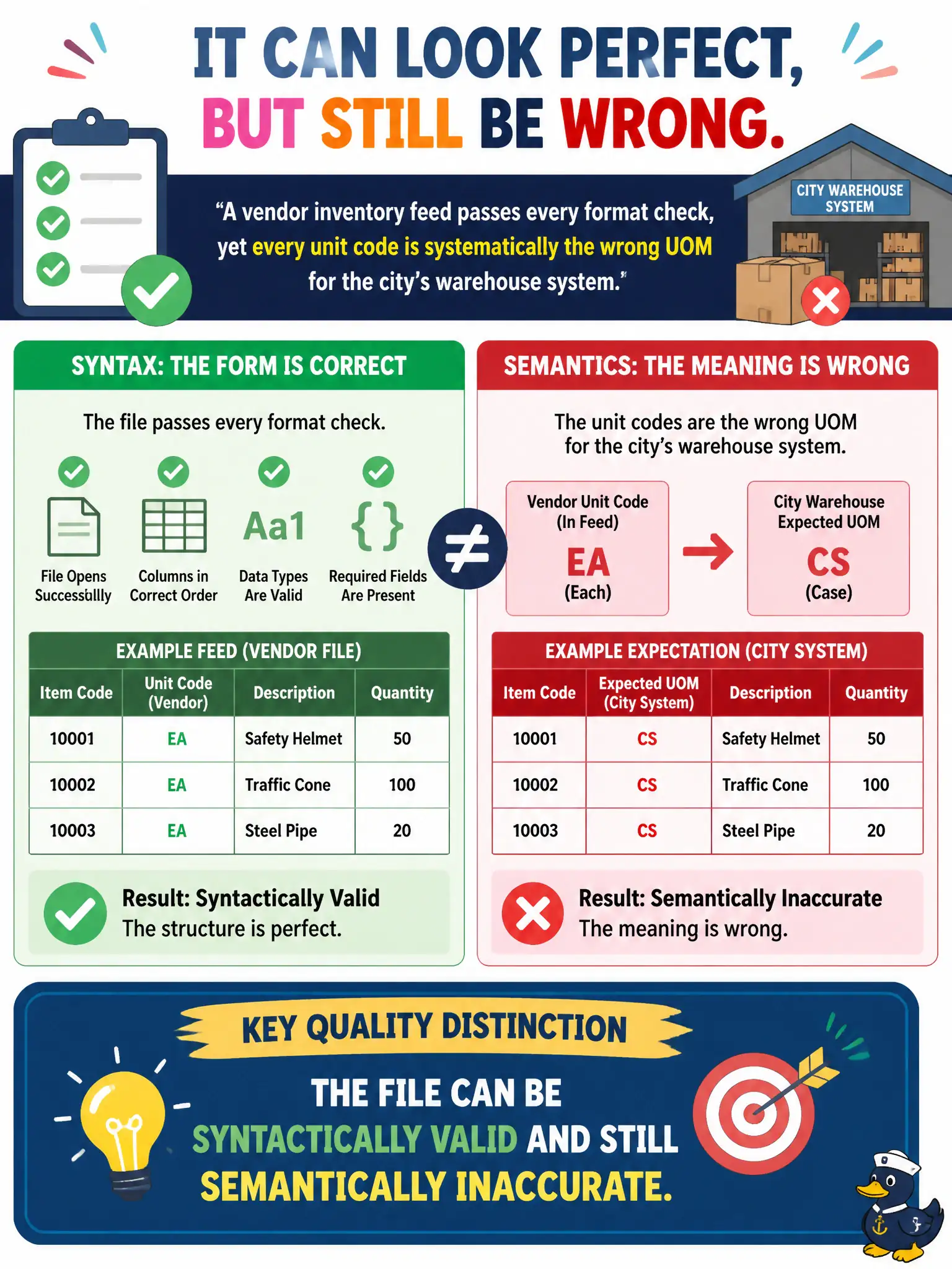 To Create an exciting colorful infographic that explains the concepts in the question: Question: A vendor inventory feed passes every format check, yet every unit code is systematically the wrong UOM for the city's warehouse system. What quality distinction should the analyst make? Correct Answer: The file can be syntactically valid and still semantically inaccurate Put EVERY visible label in double quotes. No people. No A/B/C/D letters. In one of the four corners put a little "Navy Duck".