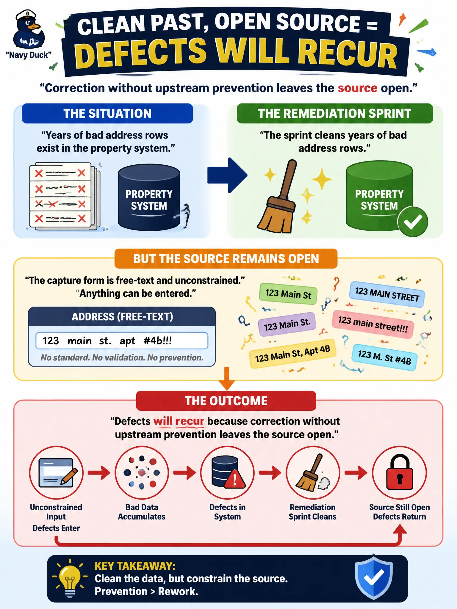 To Create an exciting colorful infographic that explains the concepts in the question: Question: A remediation sprint cleans years of bad address rows in the property system but leaves the capture form free-text and unconstrained. What outcome should the program expect? Correct Answer: Defects will recur because correction without upstream prevention leaves the source open Put EVERY visible label in double quotes. No people. No A/B/C/D letters. In one of the four corners put a little "Navy Duck".